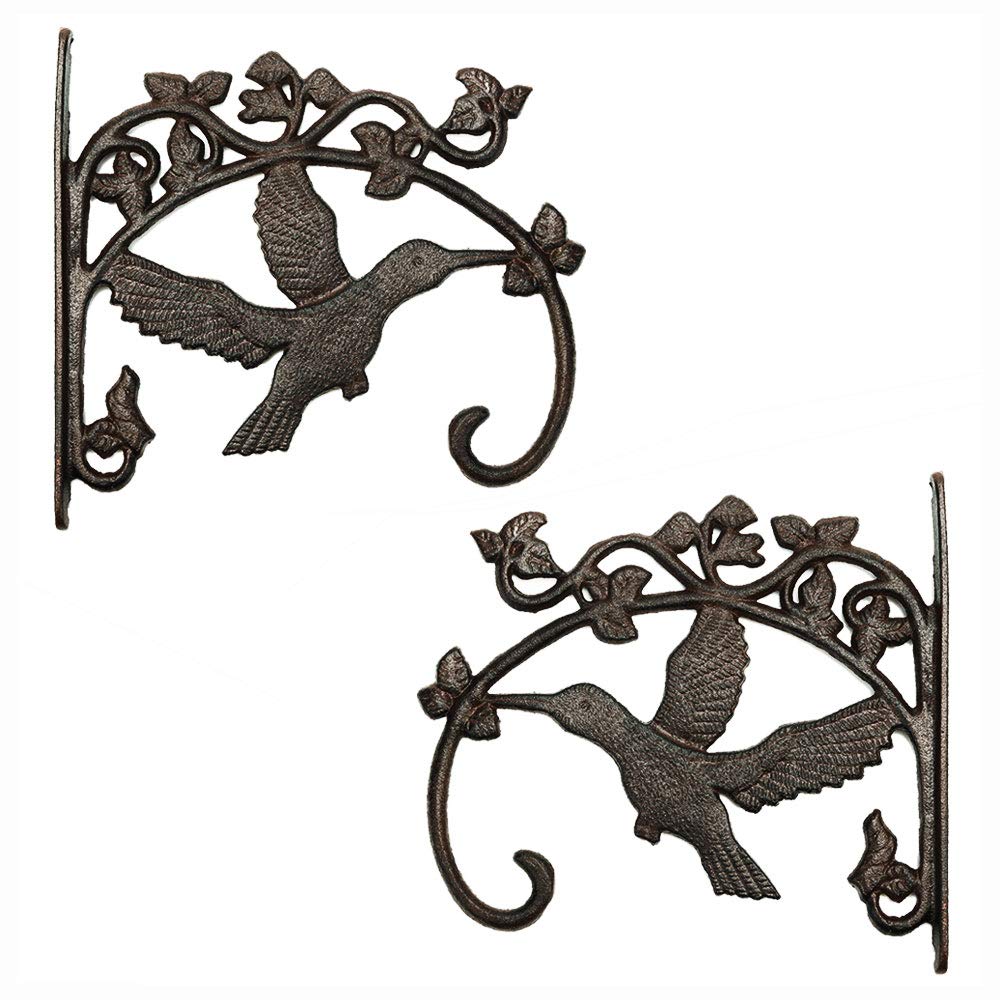 Sungmor Cast Iron Plant Hanger Wall Hooks - Heavy Duty Hanging Basket Brackets - Hummingbird Shape & 26.5CM & 2PC Brown - Decorative Wall Hangers for
