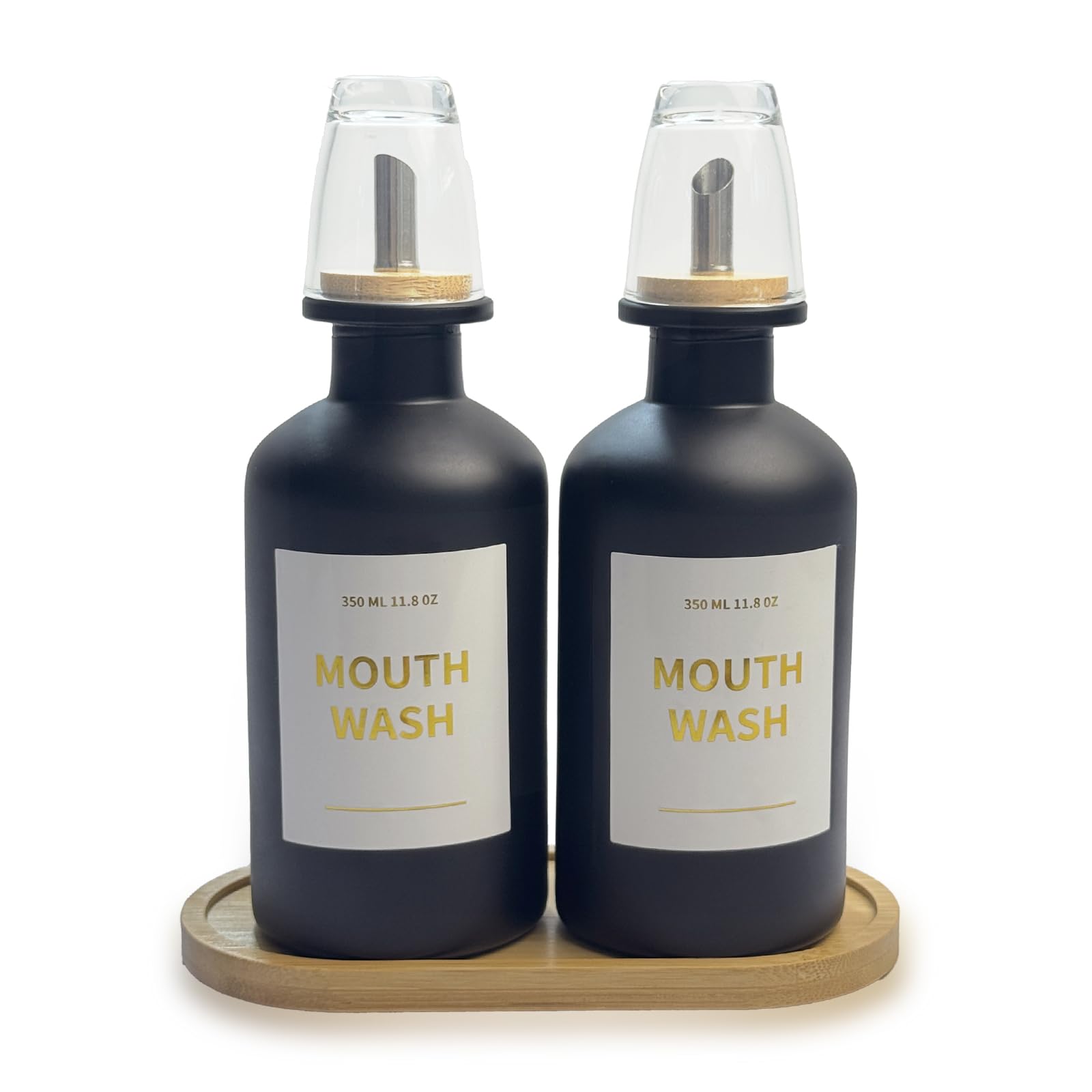 Hniuyun 11.8 oz Glass Mouthwash Dispenser for Bathroom with Bamboo Tray & Steel Nozzle - Reusable Cup, Gold Accents, Countertop Decor