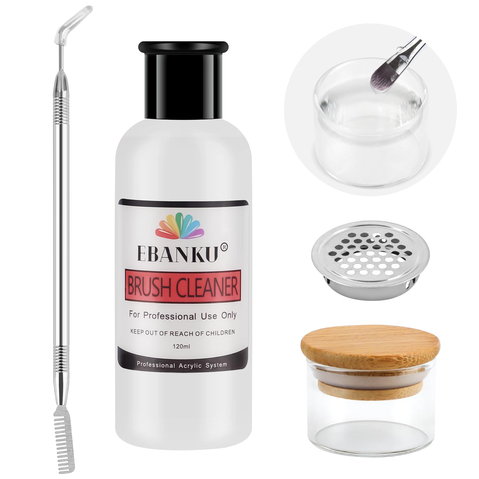 EBANKU 120ml Acrylic Nail Brush Cleaner, 3 in 1 Nail Art Brushes Conditioner Nail Brush Clean Solution Quickly Clean With Glass Cup and Scrub Brush