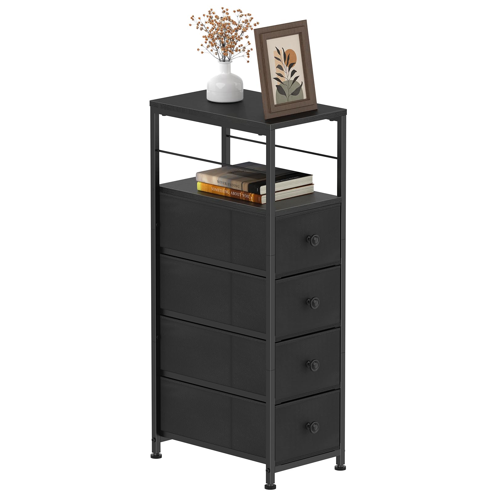 Slim Chest of Drawers with 4 Fabric Drawers, Narrow Dresser Storage Organiser with Storage Shelf Durable Steel Frame and Removable Drawers for Home