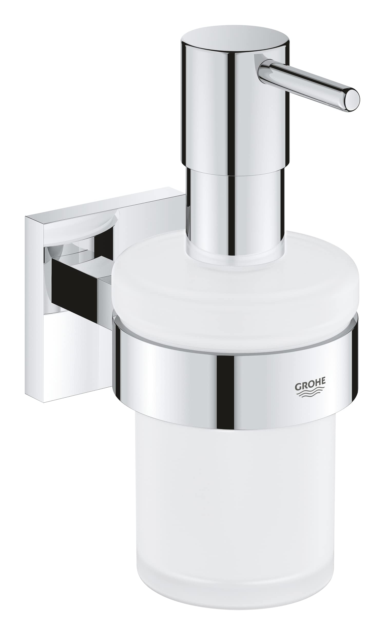 GROHE Start Cube Soap Dispenser with Holder (Material: Frosted Glass & Metal, Filling Quantity 160ml, Including Screws and Dowels), Size 158mm, Extra