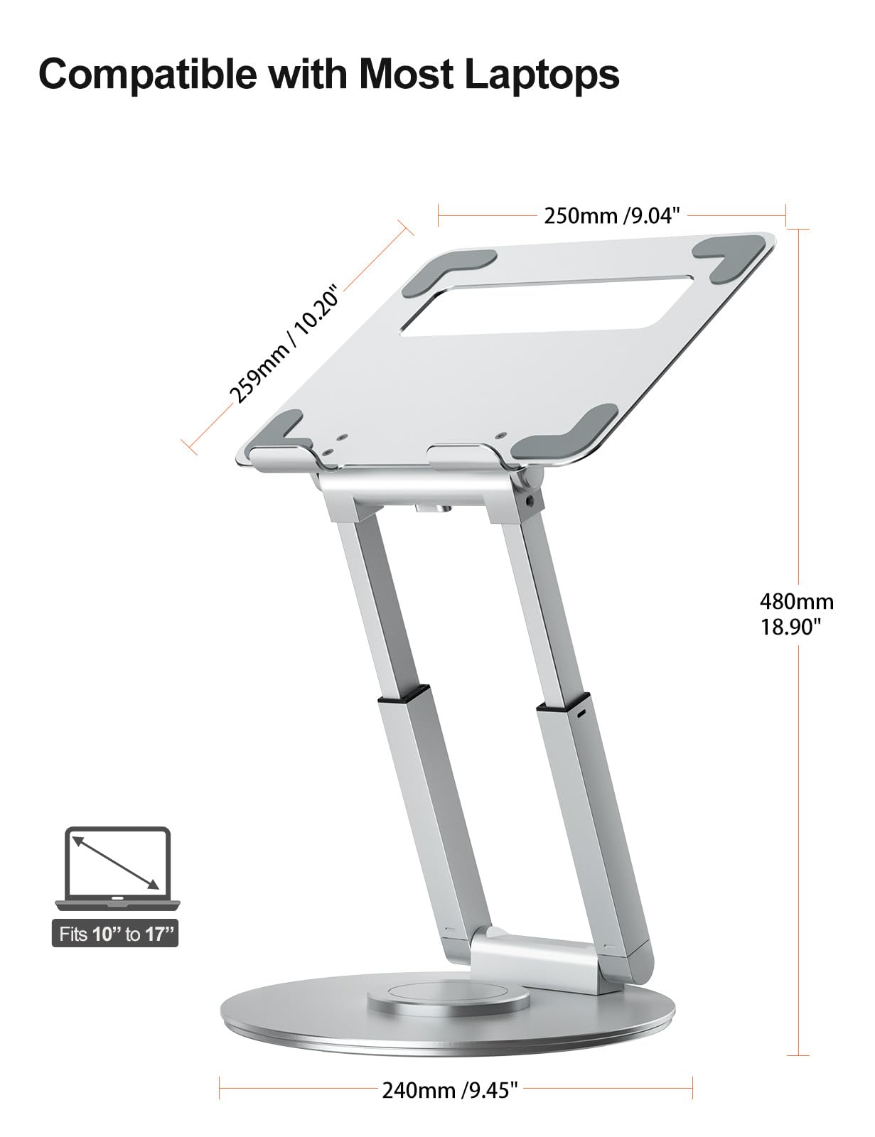 tounee Telescopic Laptop Stand for Desk with 360 Swivel Base, Sit to Stand, Height Adjustable, Portable Riser Holder for Good Posture, Compatible