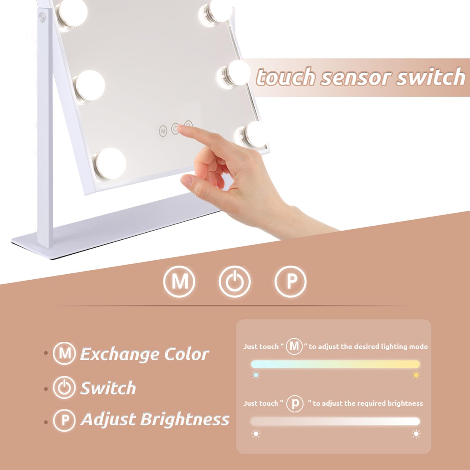 Hansong Hollywood Vanity Mirror with Lights 12 Dimmable LED Bulbs Lighted Makeup Mirror with 3 Color Light & 10X Magnifying Touchscreen Control 360