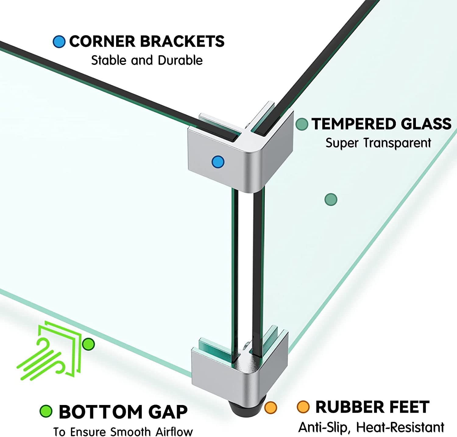 MESIDA 15"x15"x6" Fire Pit Glass Wind Guard, Tempered Glass Firepit Table Shield, Thick and Sturdy, with Hard Aluminum Corner Bracket & Rubber Feet