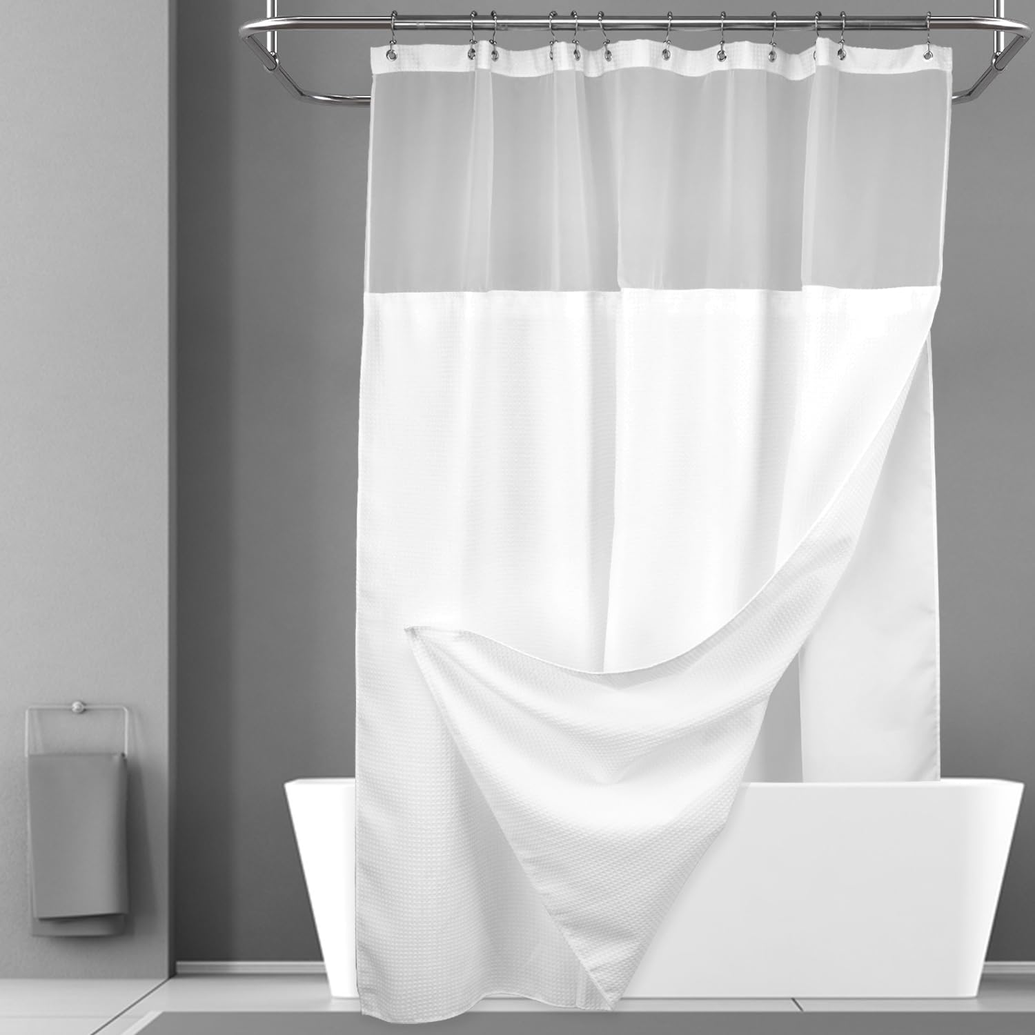 N&Y HOME Long Waffle Weave Shower Curtain 75 Inch Length with Snap-in Fabric Liner & Metal Hooks Set - Hotel Style, Waterproof & Washable, Heavyweight