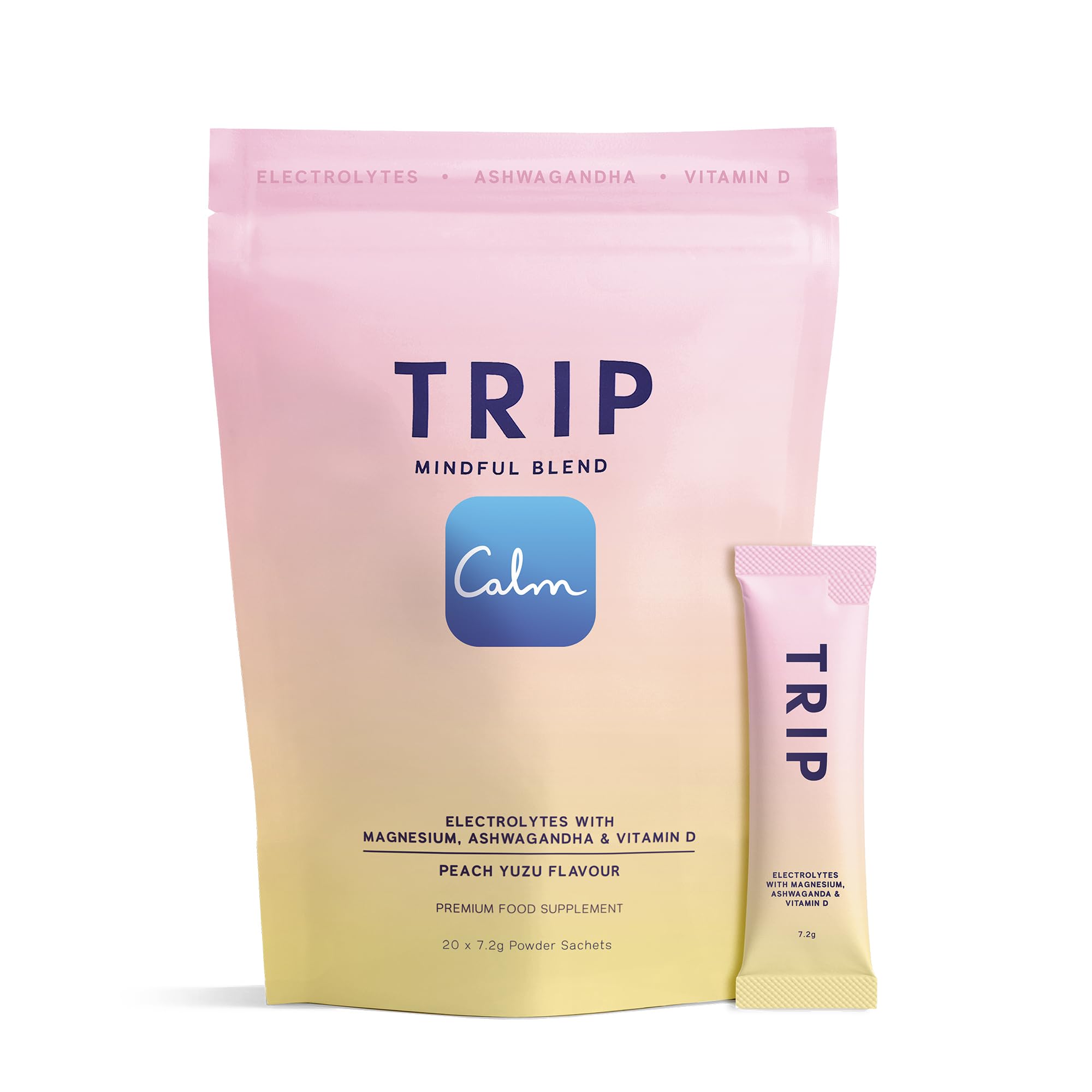 Trip Peach Yuzu Electrolyte Powder | Daily Hydration with Sodium, Magnesium, Vitamin D & More | Sugar Free + Vegan | Pack of 20 x 7.2 g sachets