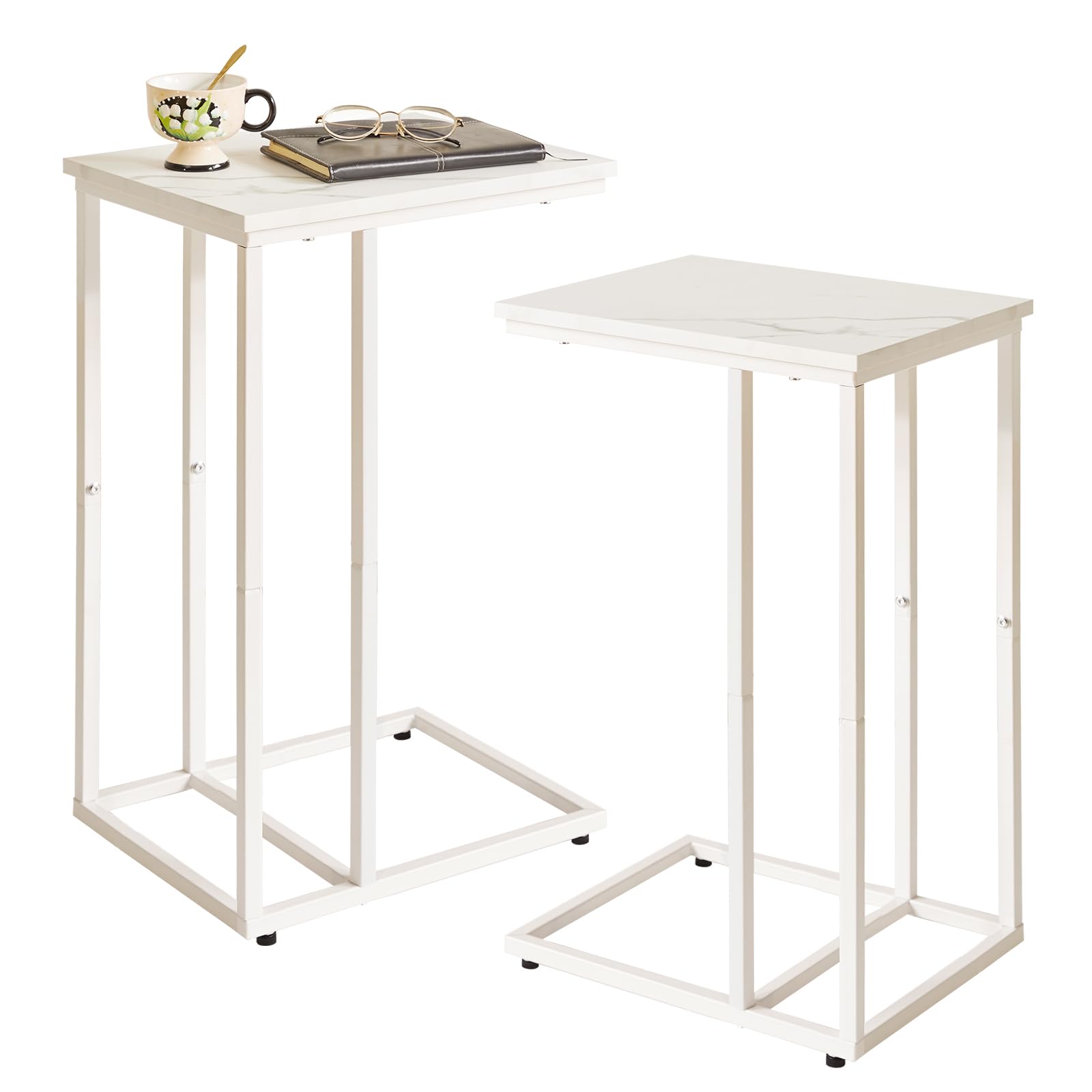Aibiju Set of 2 Sofa Side Table,C Shaped End Table, Snack Coffee Laptop Desk with Metal Frame for Office, Living Room, Bedroom, White Faux Marble and