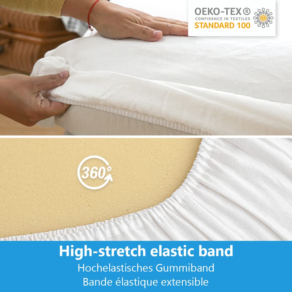 Simple&Opulence Fitted Sheet 35cm Deep Pocket-100% Pure Natural Linen Plain Mattress Protector Bed Sheet(White,King 150x200cm)