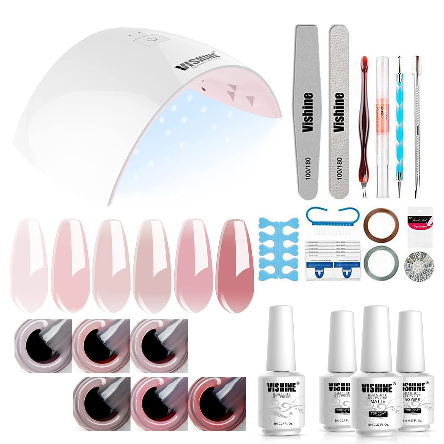 Vishine Gel Nail Polish Kit UV Light, 36W UV LED Nail Dryer Lamp, 6 Sheer Milky Pink Jelly Transparent Colors Base Top Coat Professional All-in-One