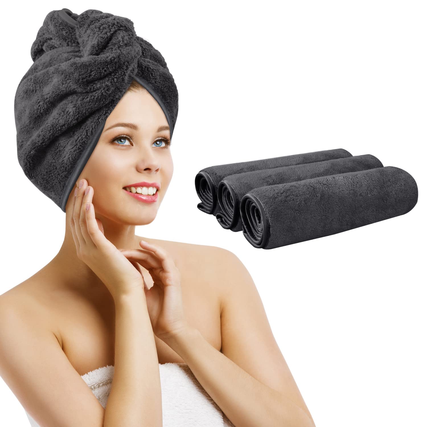 KinHwa 3 Pack Microfibre Hair Drying Towel Super Absorbent Large Hair Towel Lightweight Hair Towel Wraps for Women Anti-frizz Head Towel Turban Soft