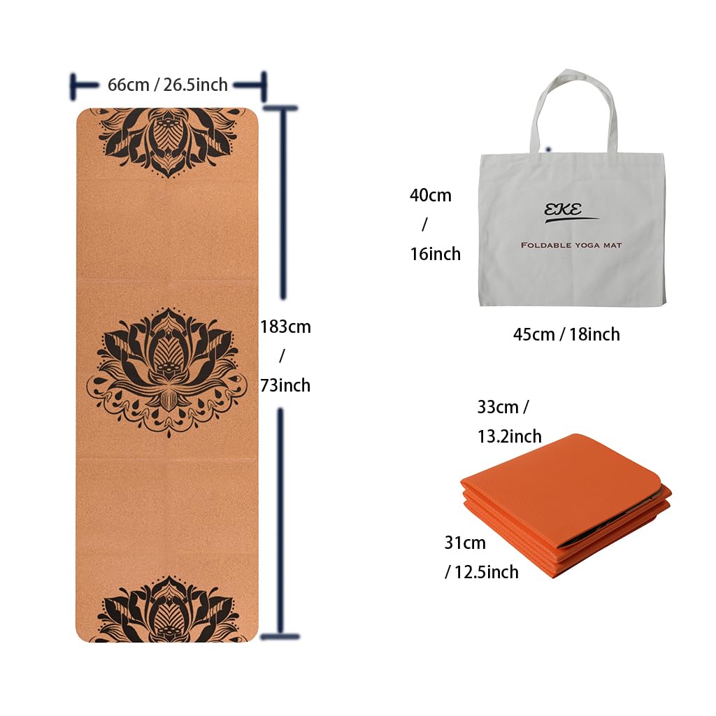 EKE Cork Folding Yoga Mat, 5mm Thickness, Standard Size, Foldable, Lightweight and Portable, Suitable for Yoga, Pilates, Fitness, Sports, Training,