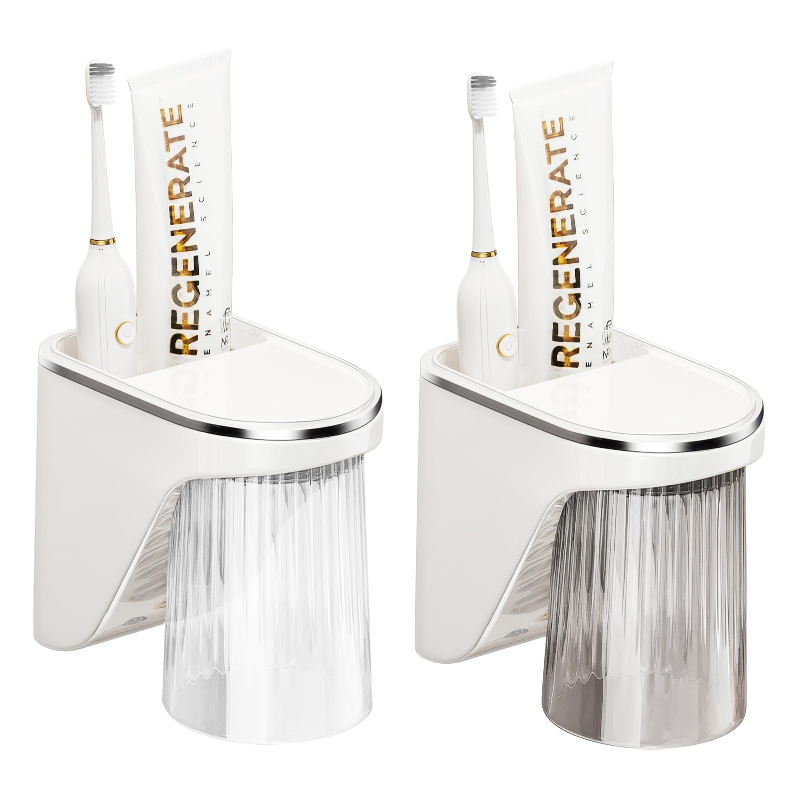OUZHOU Pack of 2 Toothbrush Holders, Toothbrush Cup Holder No Drilling with Magnetic Cups and Storage Box, Toothbrush Holder Wall Toothbrush Holder