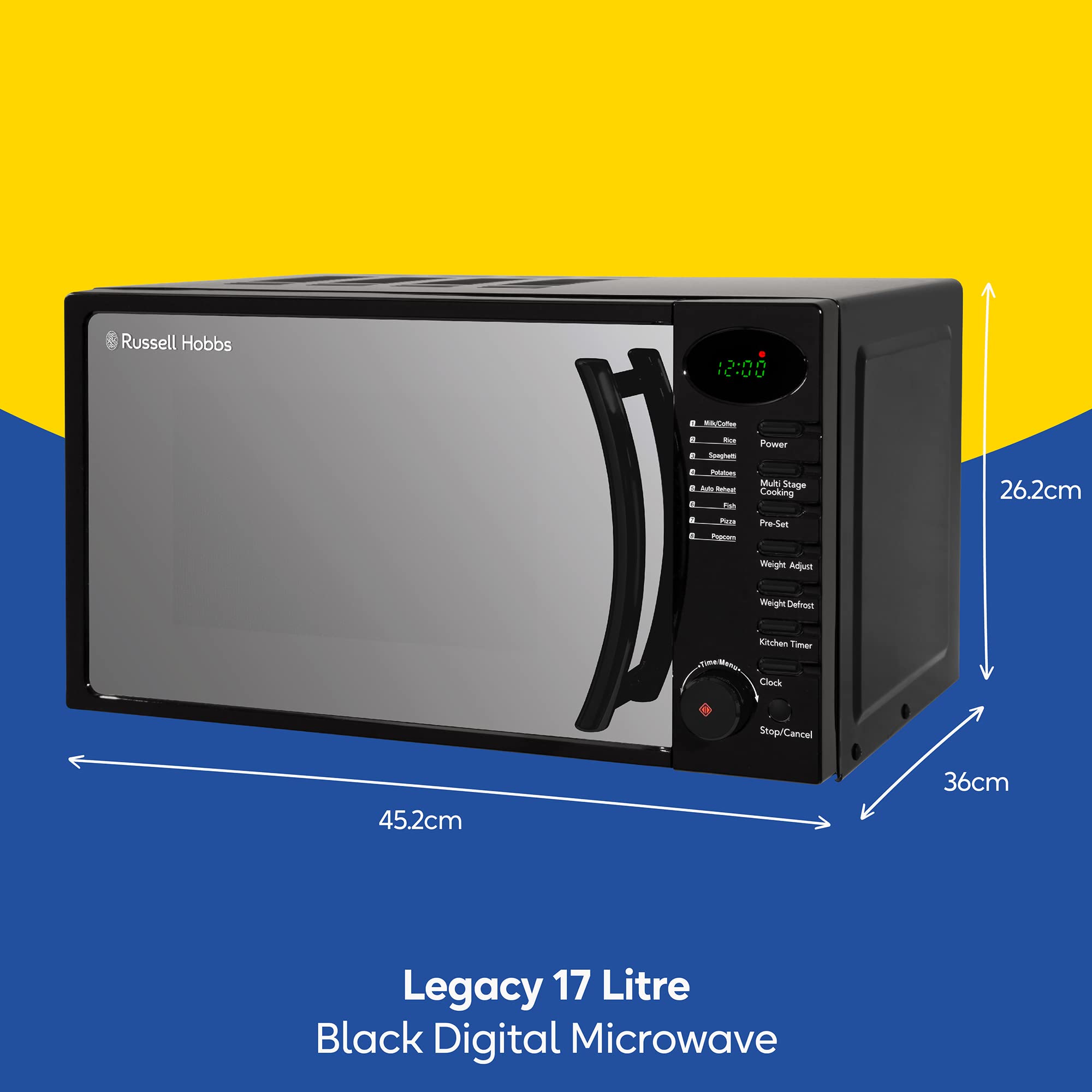 Russell Hobbs RHM1714B 17 Litre 700 W Black Digital Solo Microwave with 5 Power Levels, Digital Clock and Timer, 8 Auto Cook Menus, Automatic Defrost,