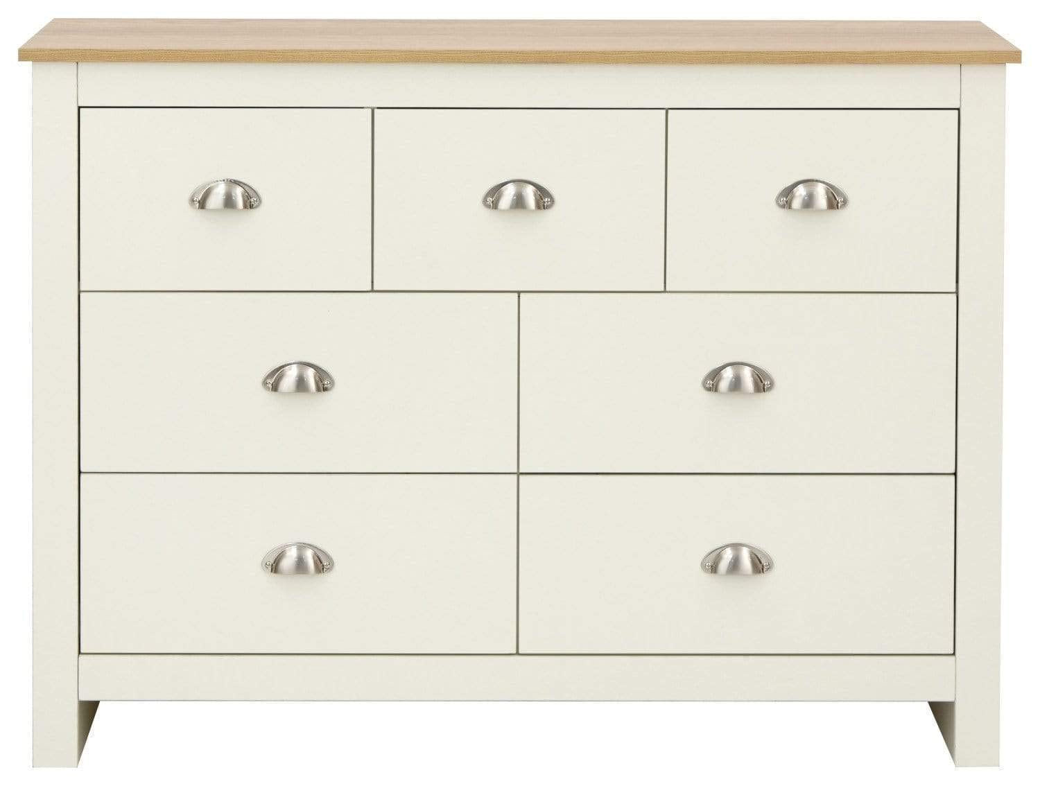 GFW Lancaster Wooden 7 Drawer Chest With Steel Cup Handle & 28.4 Litre Drawers, Modern Bedroom Furniture Chest Of Drawers Storage Unit, Contrast Oak