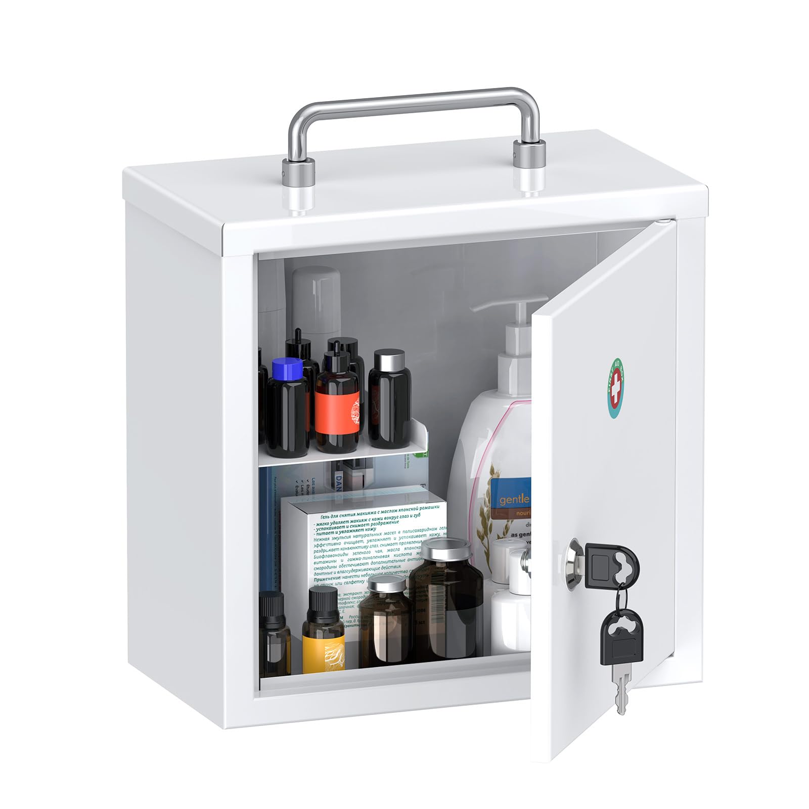 Uniclife Wall Mount Medicine Cabinet with Key Lock & Handle Locking First Aid Cabinet Lockable Lightweight Medium Medicine Organizer Secure Steel Wall
