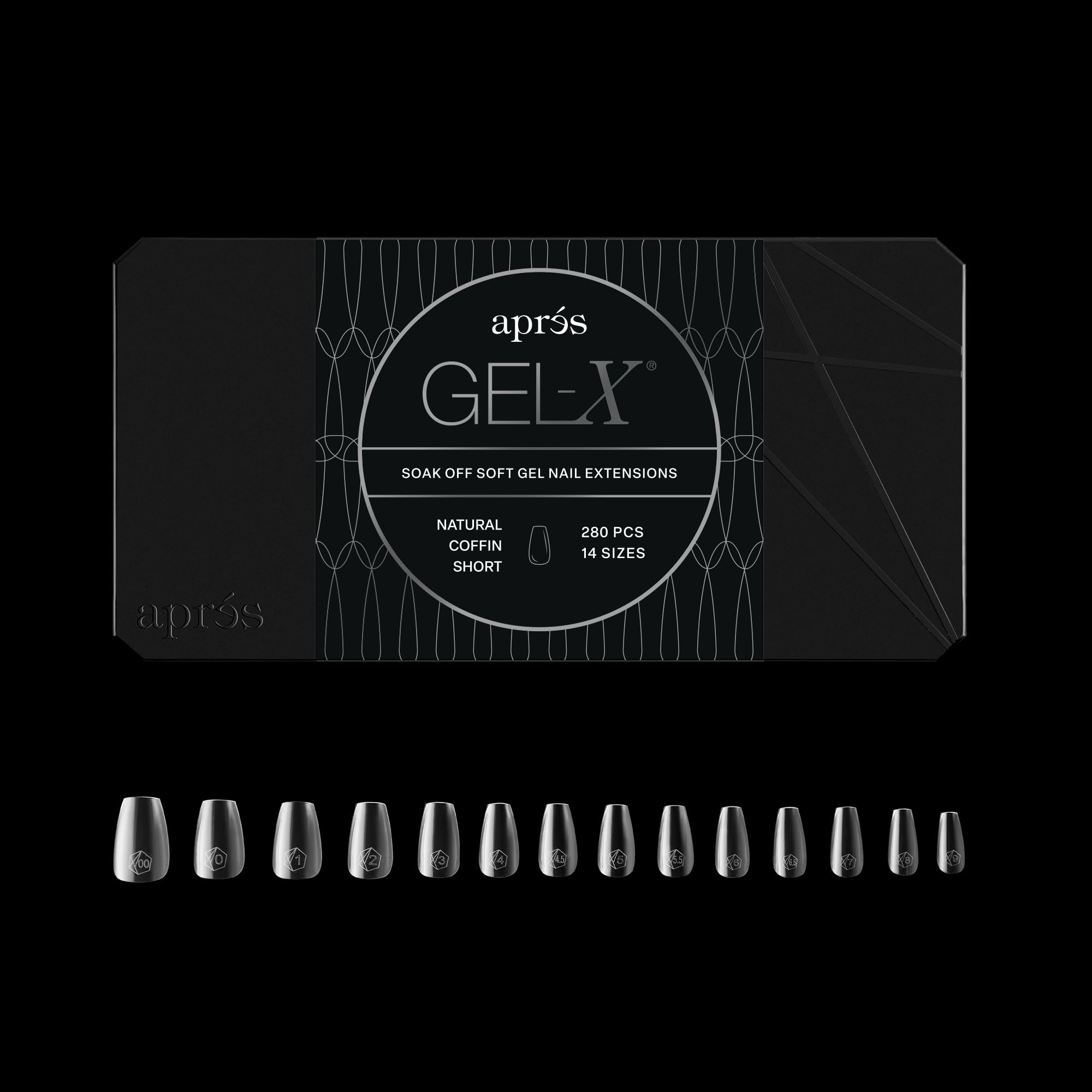 Apres Gel-X? Coffin Box of Nail Tips | 280 Soft Gel Tips, 14 Sizes 00-9 | Half-sizes Included (Natural Coffin Short, 280 Count)