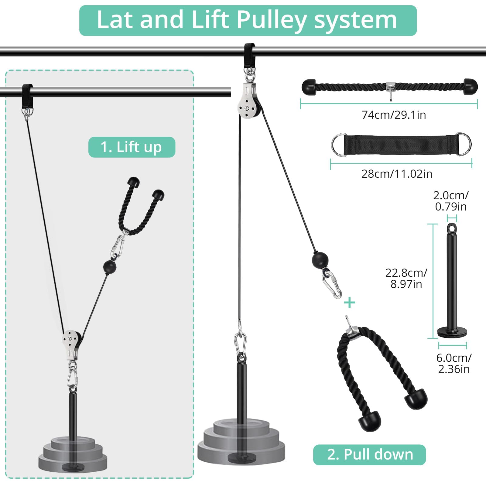 VINTEAM Cable Pulley System Gym, DIY Fitness Pulley System, Cable Pulley Attachments with Tricep Rope for Gym LAT Pull Down, Biceps Curl, Tricep, Arm
