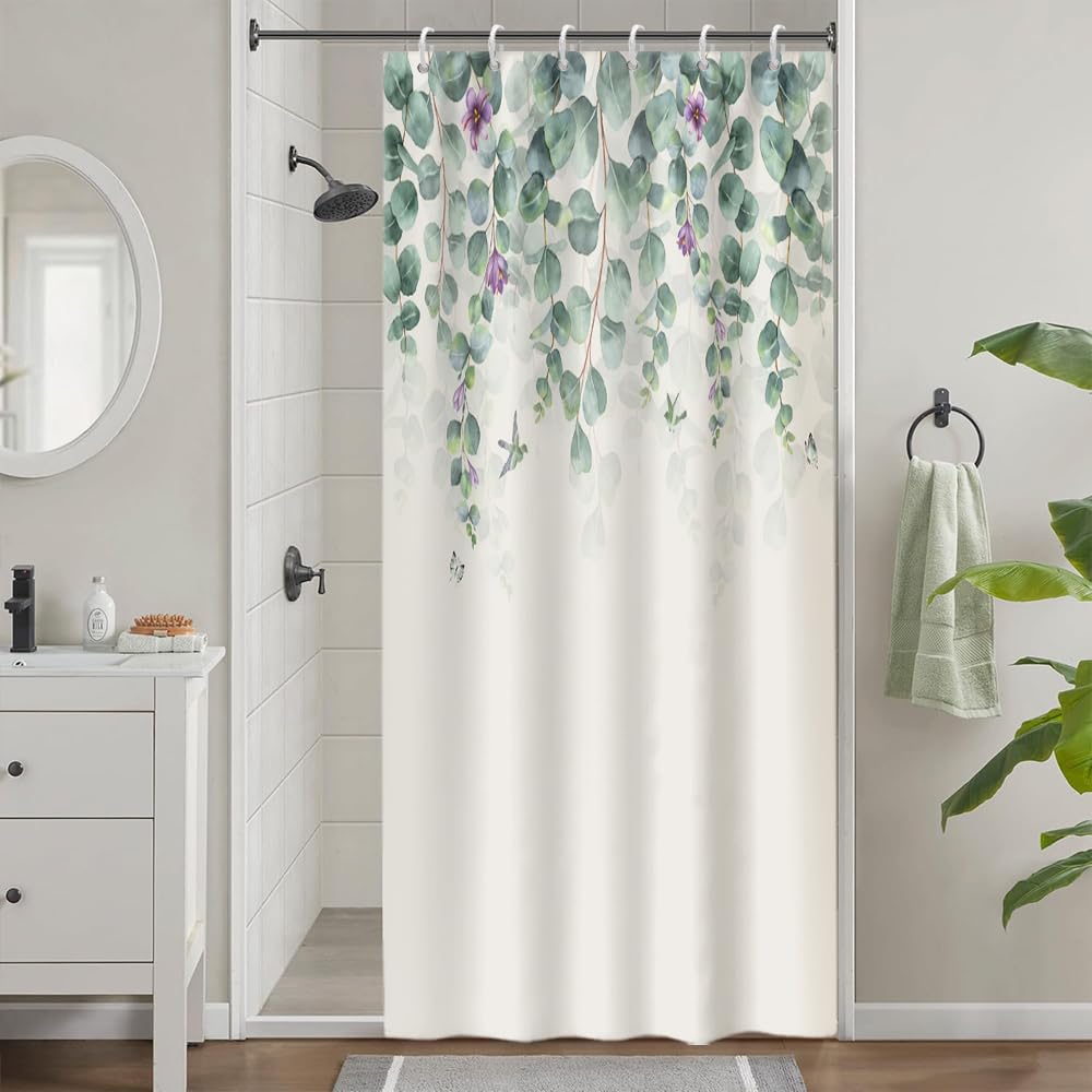 Uiiooazy Eucalyptus Stall Shower Curtain, Sage Green Leaves Floral Violet Pattern Bath Curtain Mildew and Mould Resistant Waterproof Polyester Fabric