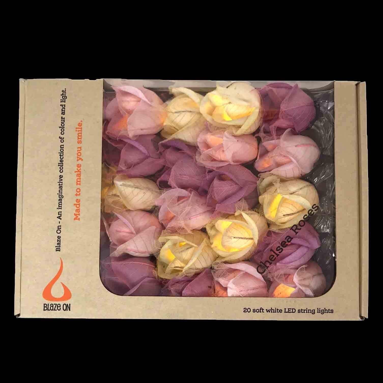 Blaze On Chelsea Rose Fairy Lights (Pink Tones) 20 Warm White LED Lights Handcrafted Roses Created from Mulberry Paper USB Powered with UK 3-Pin