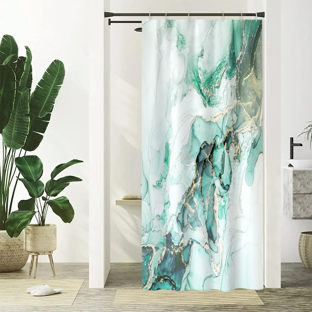 Uiiooazy Green Marble Shower Curtain, Turquoise Gold Effect Bath Curtain Anti Mildew Waterproof Polyester Fabric Washable Set with 6 Hooks for