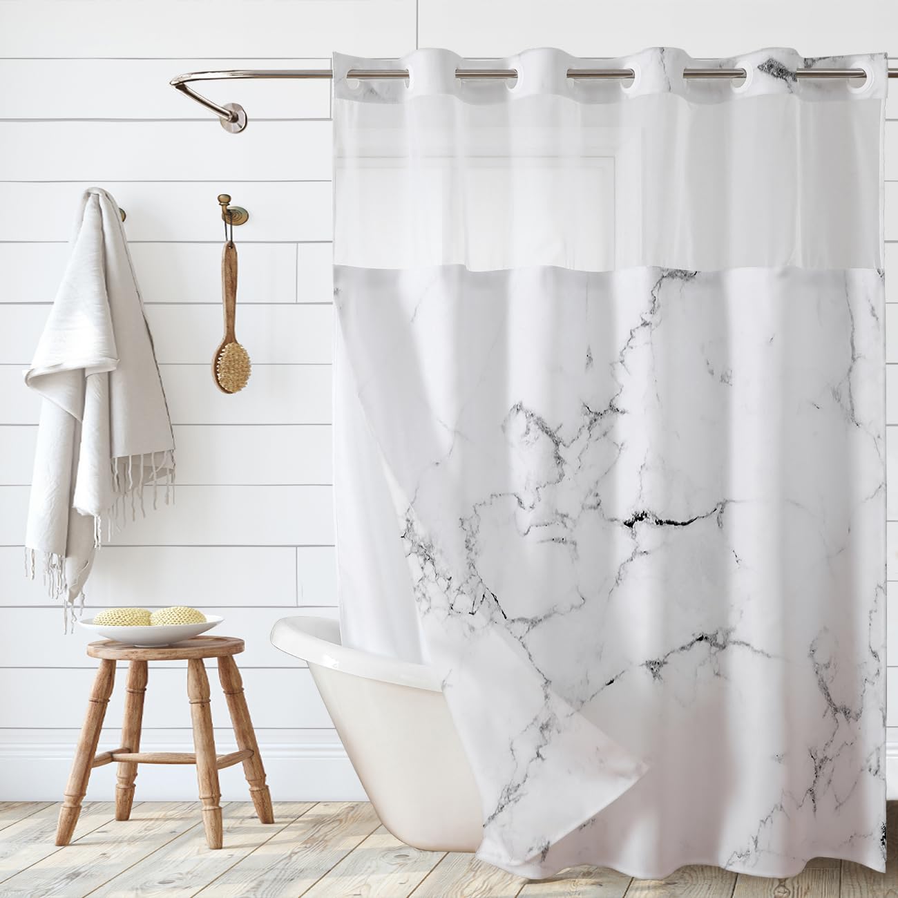 Grey Marble Shower Curtain No Hooks,Shower Curtain Double with Snap in Liner, Waterproof Fabric Bath Curtain with Mesh Top Window,Modern Abstract