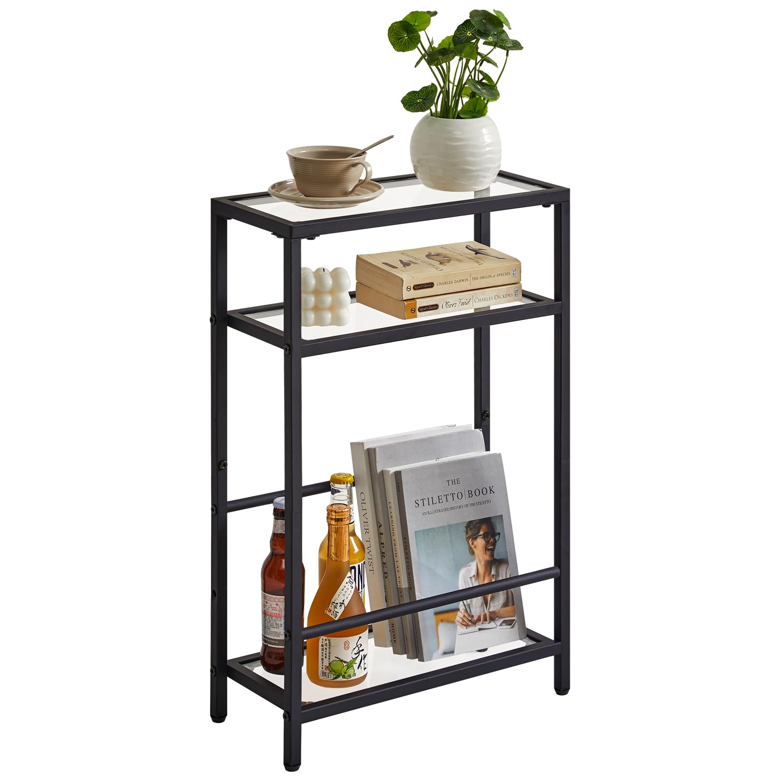 IBUYKE Narrow Side Table with Storage Shelf, 3 Tier Slim End Table,Modern Sofa Table, Small Nightstand, Telephone Table for Small Spaces,for Living