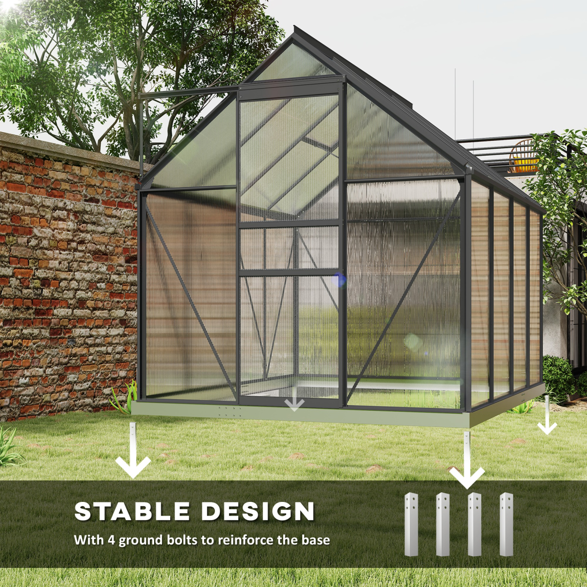 Outsunny Polycarbonate Walk-in Garden Greenhouse w/ Sliding Door Dark Grey
