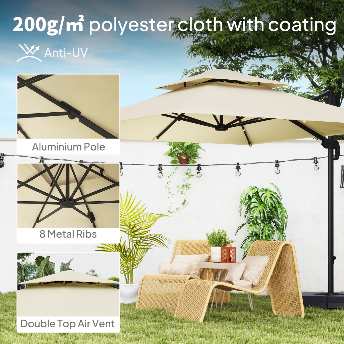 Outsunny 360° Cantilever Parasol Roma Umbrella w/ Base Weights, Khaki