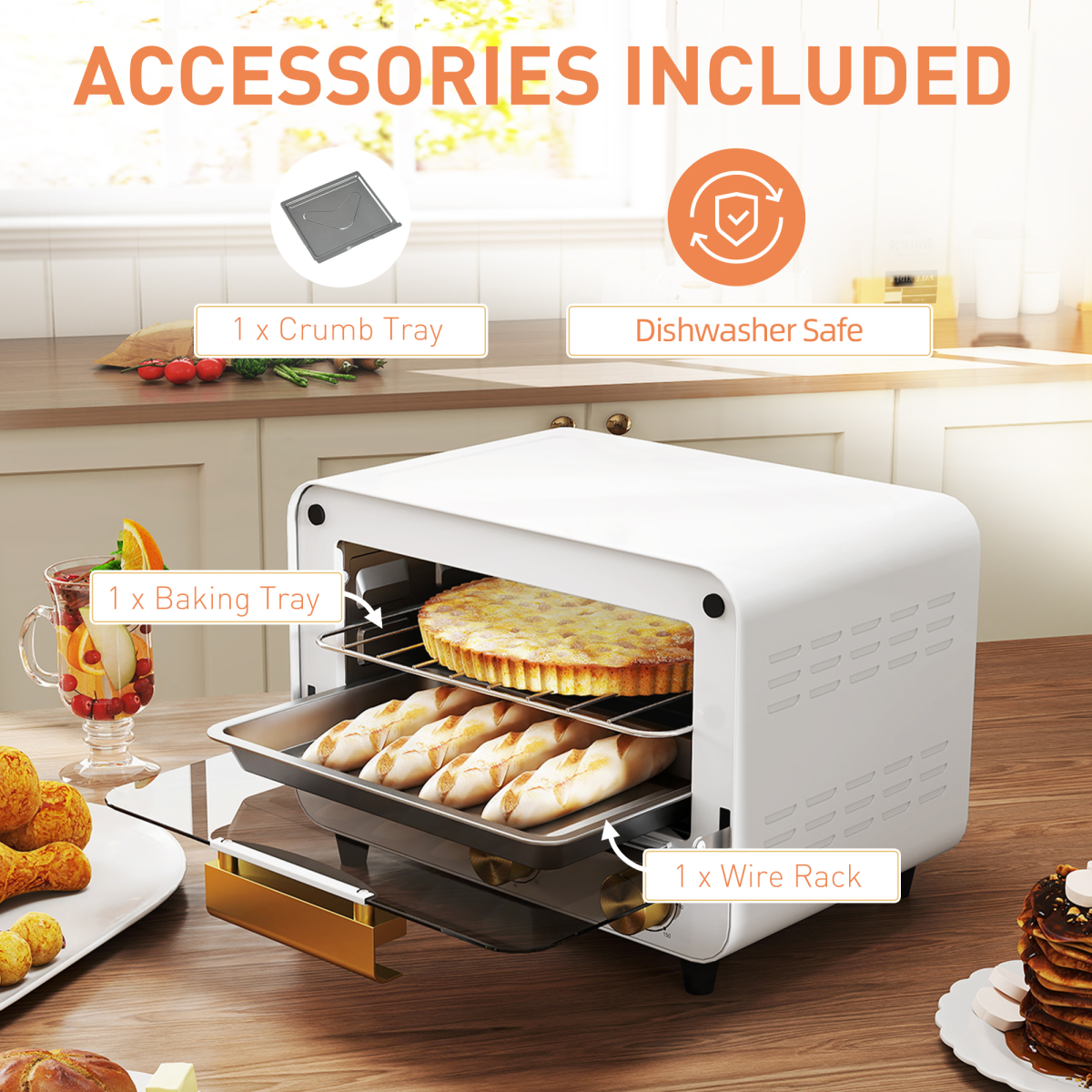 HOMCOM Small Toaster Oven, 12L Mini Countertop Oven with Glass Door, White