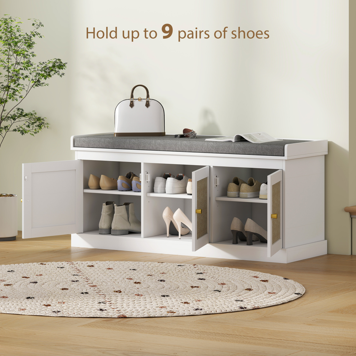 HOMCOM Shoe Storage Bench with Rattan Doors, Cushion, Entryway Shoe Bench