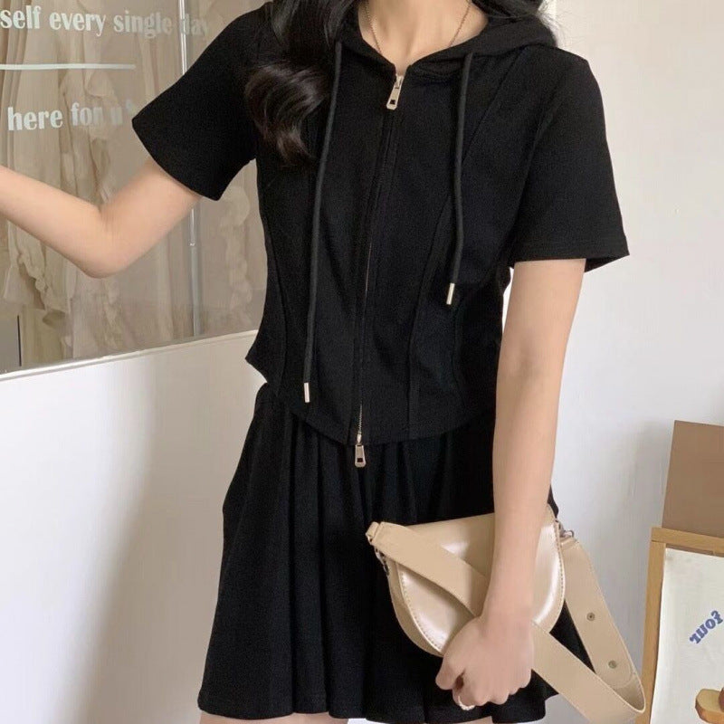 Stylish Commuter Design Hooded Two-Zipper Short-Sleeve Culotte Two-Piece Set