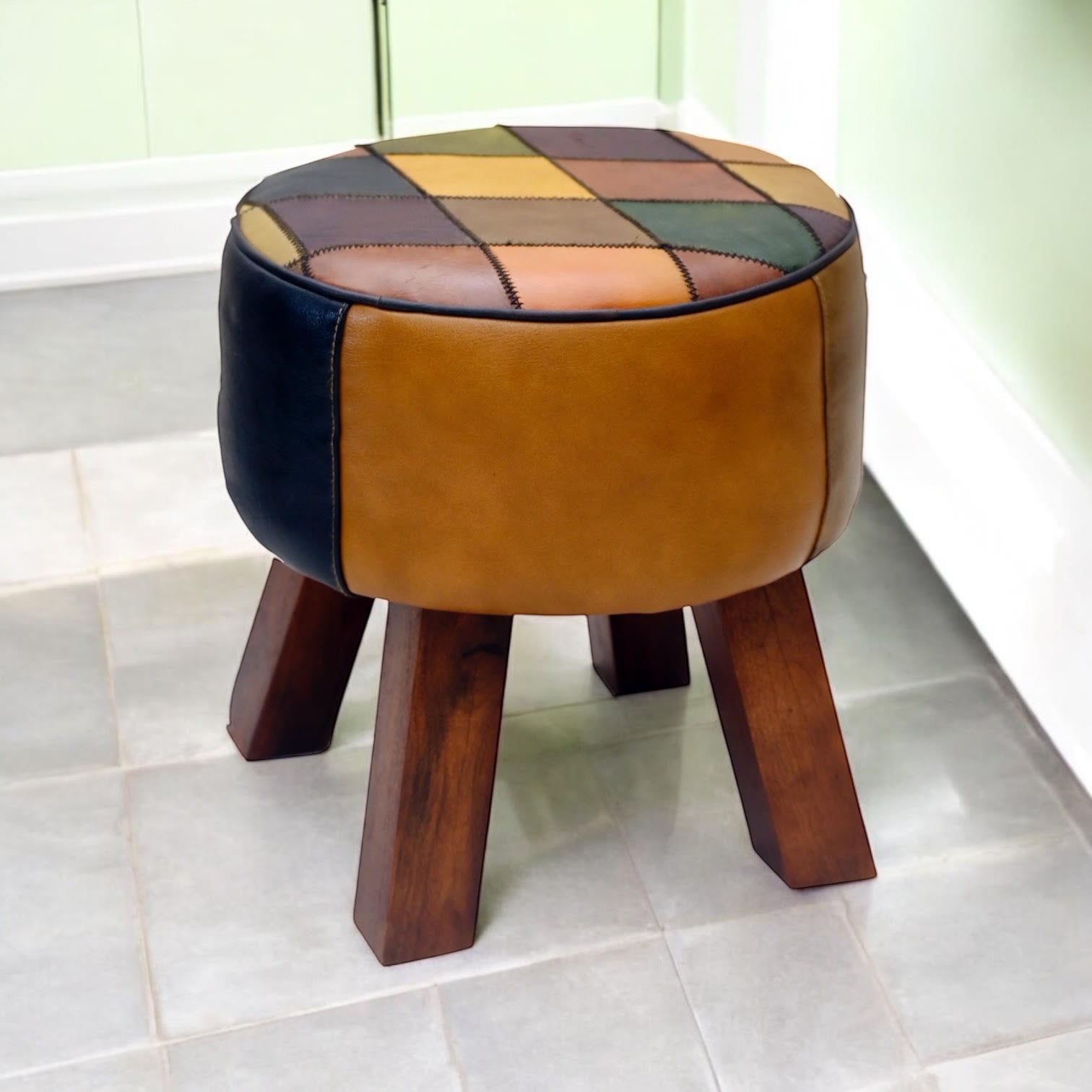 42CM LEATHER STOOL Harlequin diamond pattern