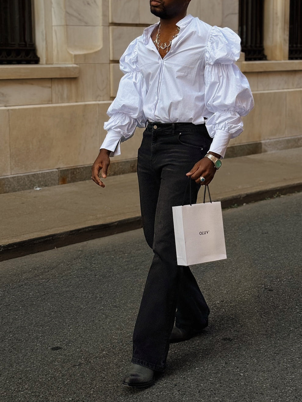 White Retro Puff-Sleeve Oversized Shirt