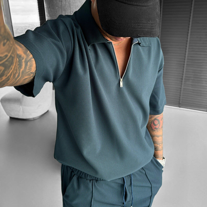 Summer Fashion Mens Clothing Men's Suits New Zipper Polo Casual Short Sleeve Drawstring Shorts Men's Set