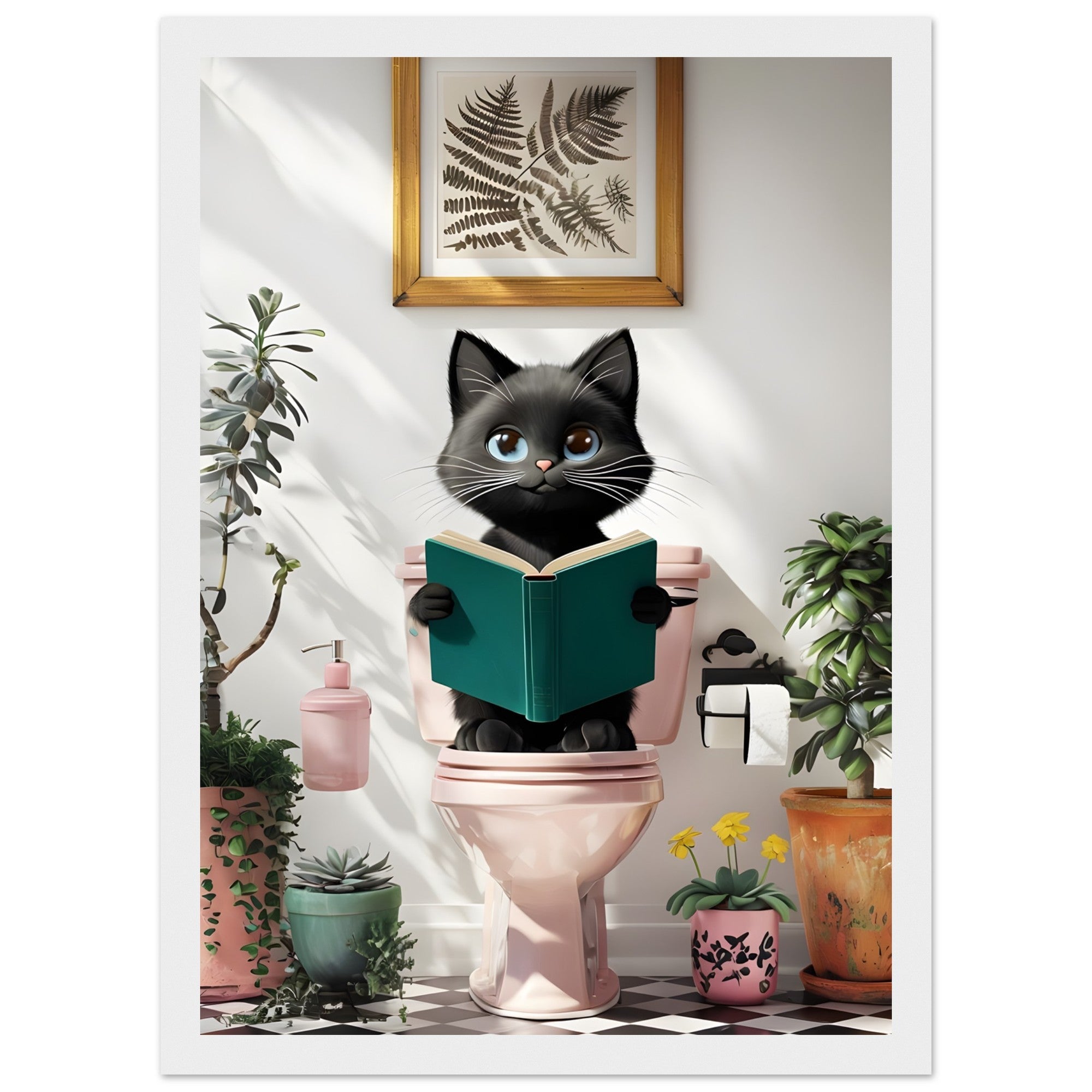 Framed Black Cat Poster – Quirky Bathroom Art with a Humorous Twist