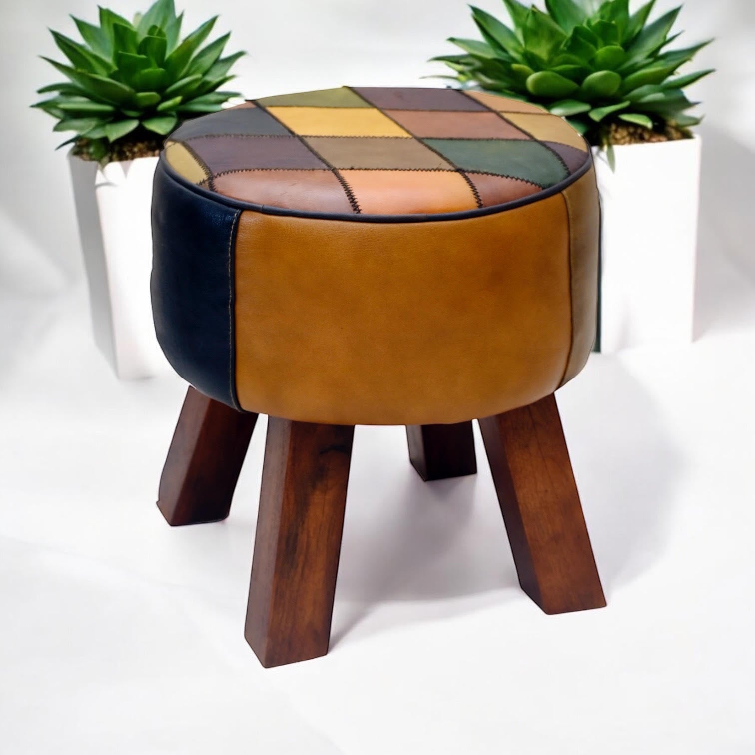 42CM LEATHER STOOL Harlequin diamond pattern