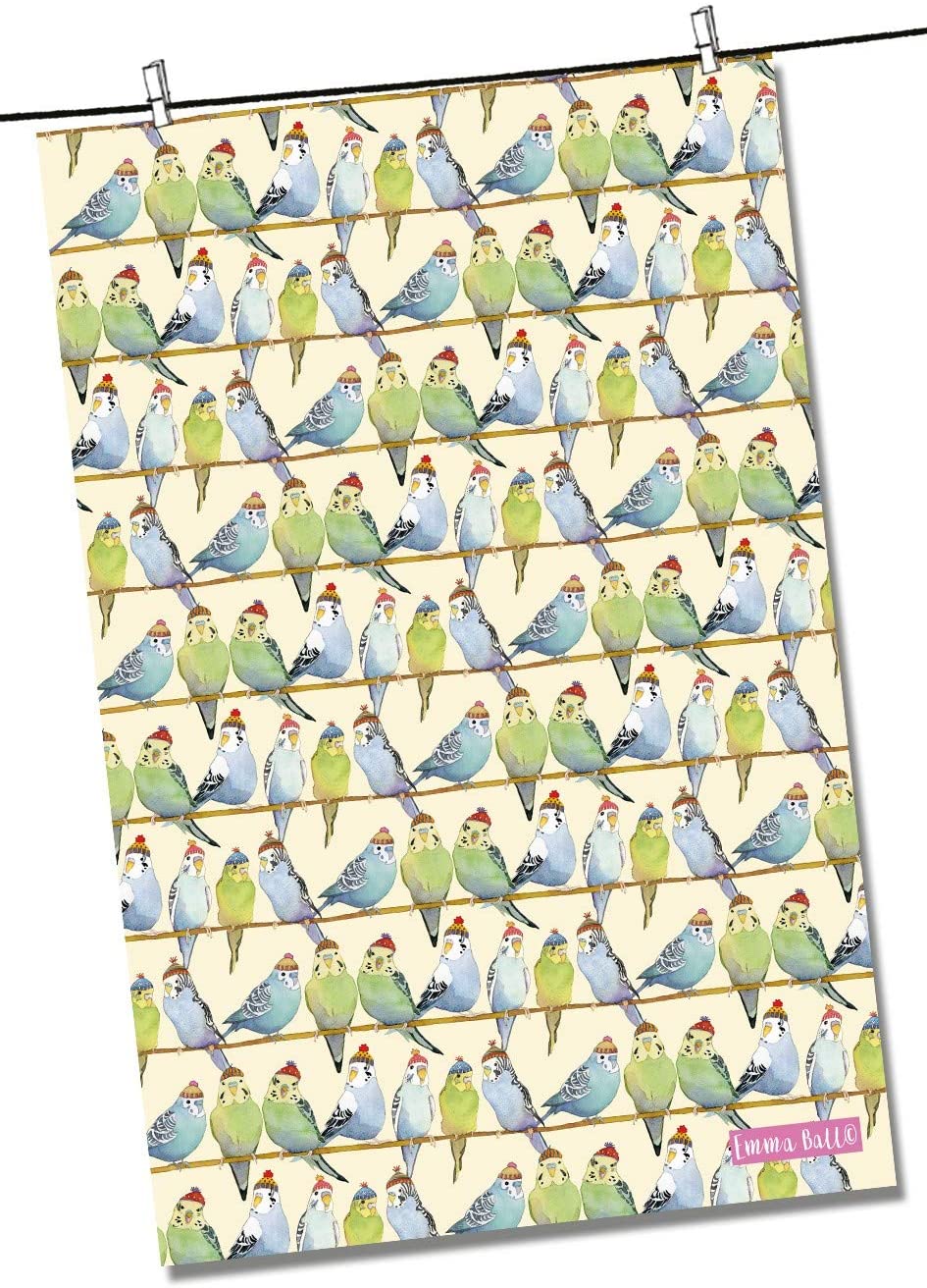 Emma Ball Cotton Tea Towel Budgies in Beanie Hats