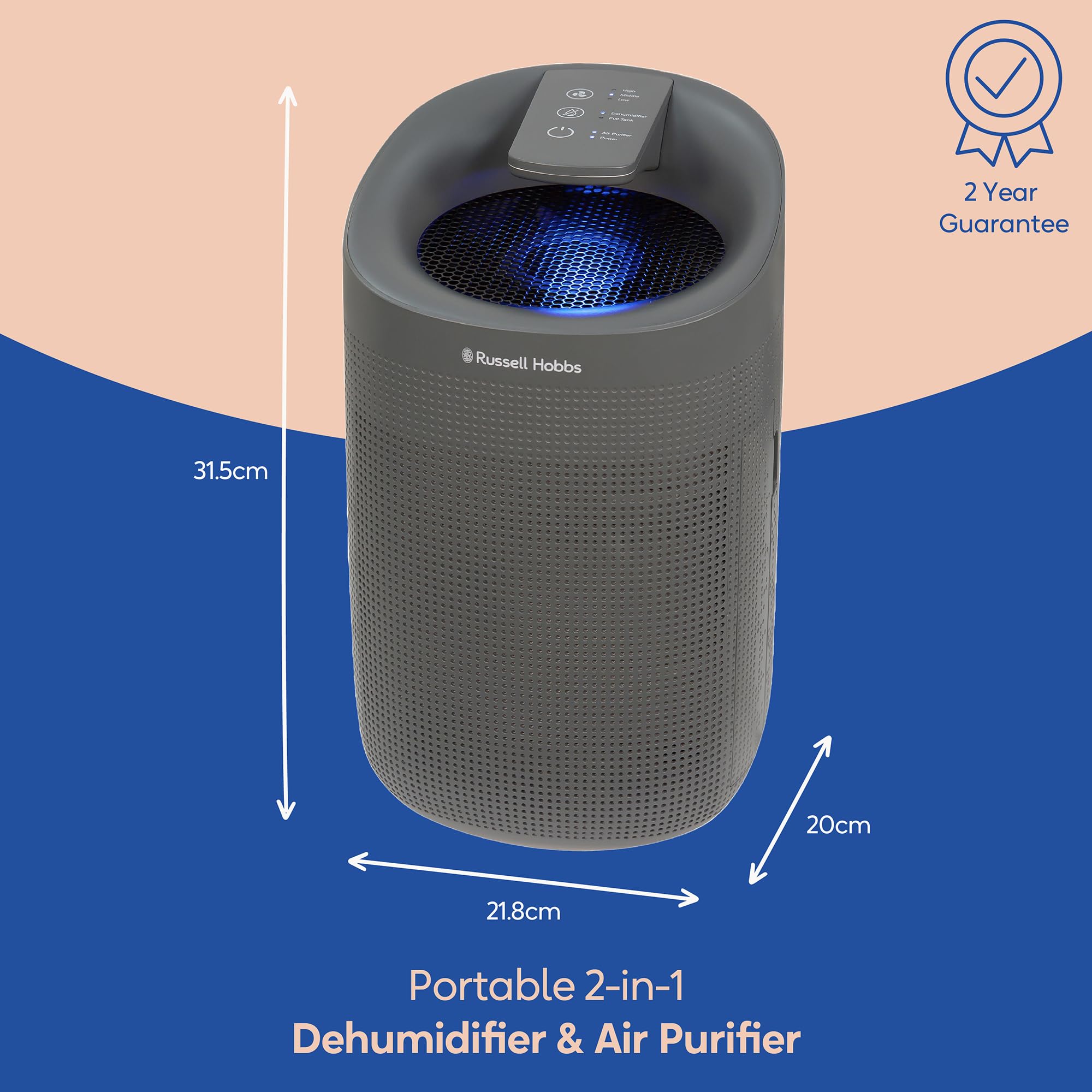 Russell Hobbs RHDH1101G Ozone Free, 750ml/day 2 in 1 Grey Dehumidifier/Air Purifier, 20m2 Room Size, LED Lighting & Captures Bacteria, for Home,