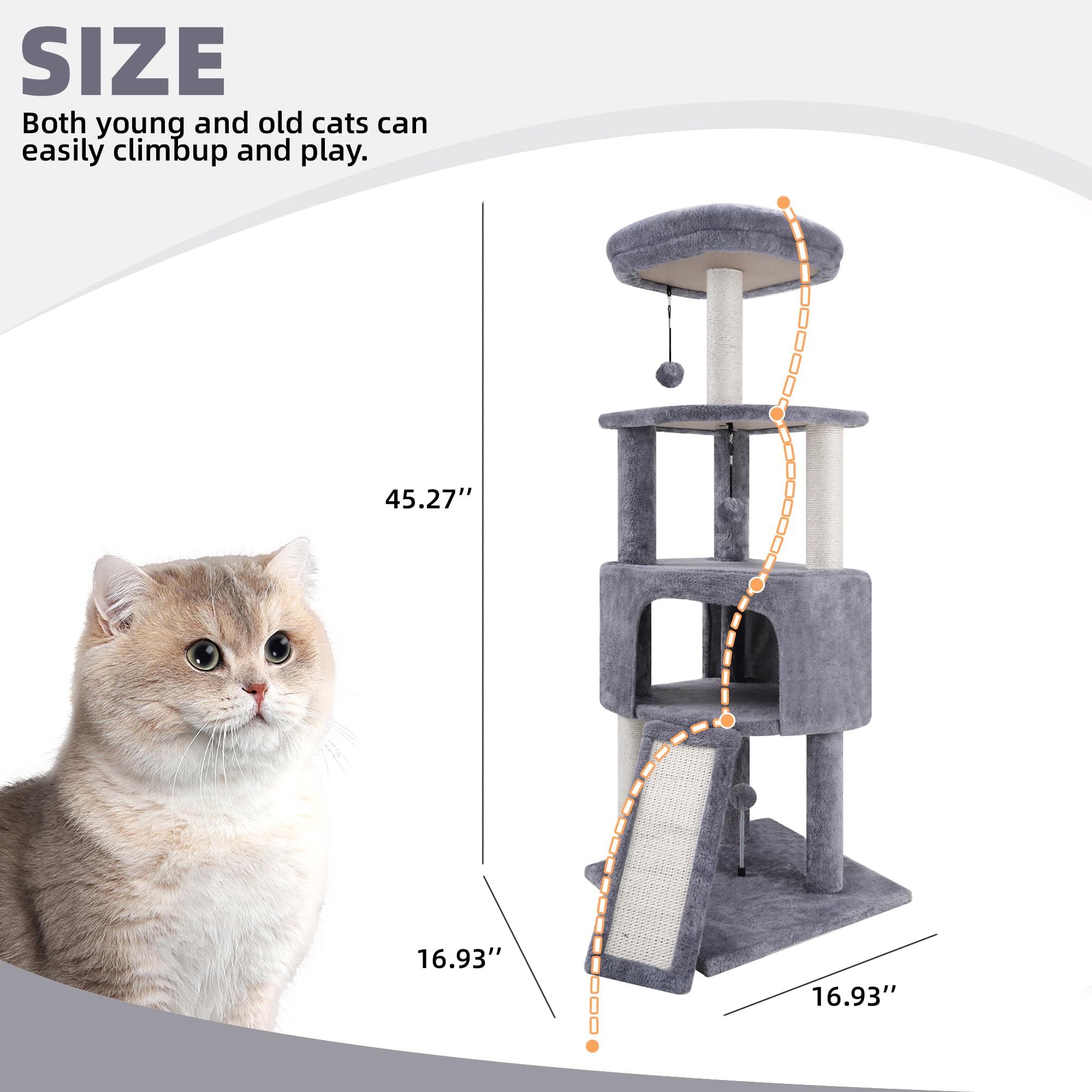 TWDEPART Cat Tree Tower with Scratching Posts & Condo, Climbing Activity Centre with Hanging Balls, Grey