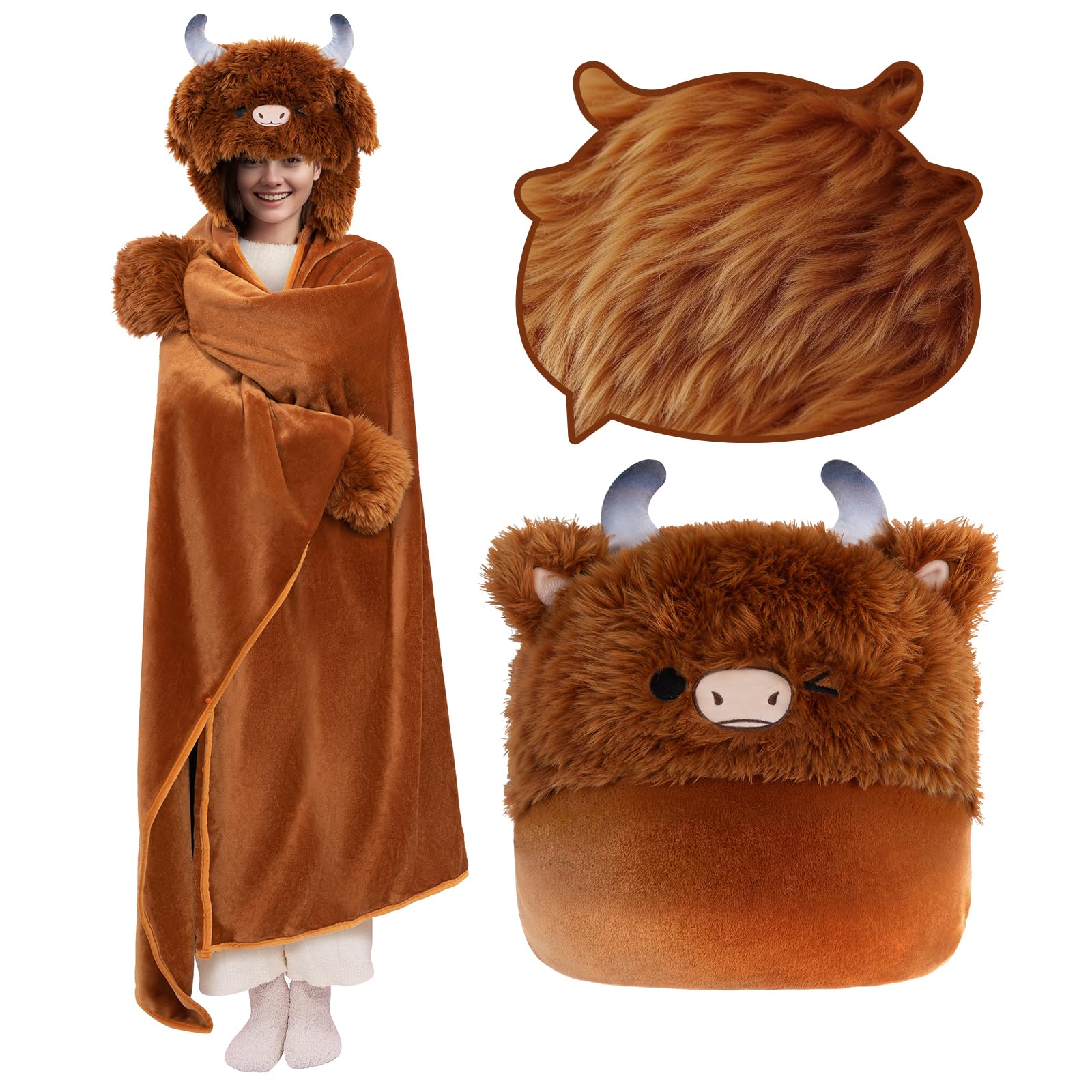 Mewaii Oversized Wearable Blanket Hoodie Kawaii Highland Cow Hooded Cloak, Soft Plush Flannel Blanket Hoodie, Unisex Cozy Blanket as Birthday Gifts