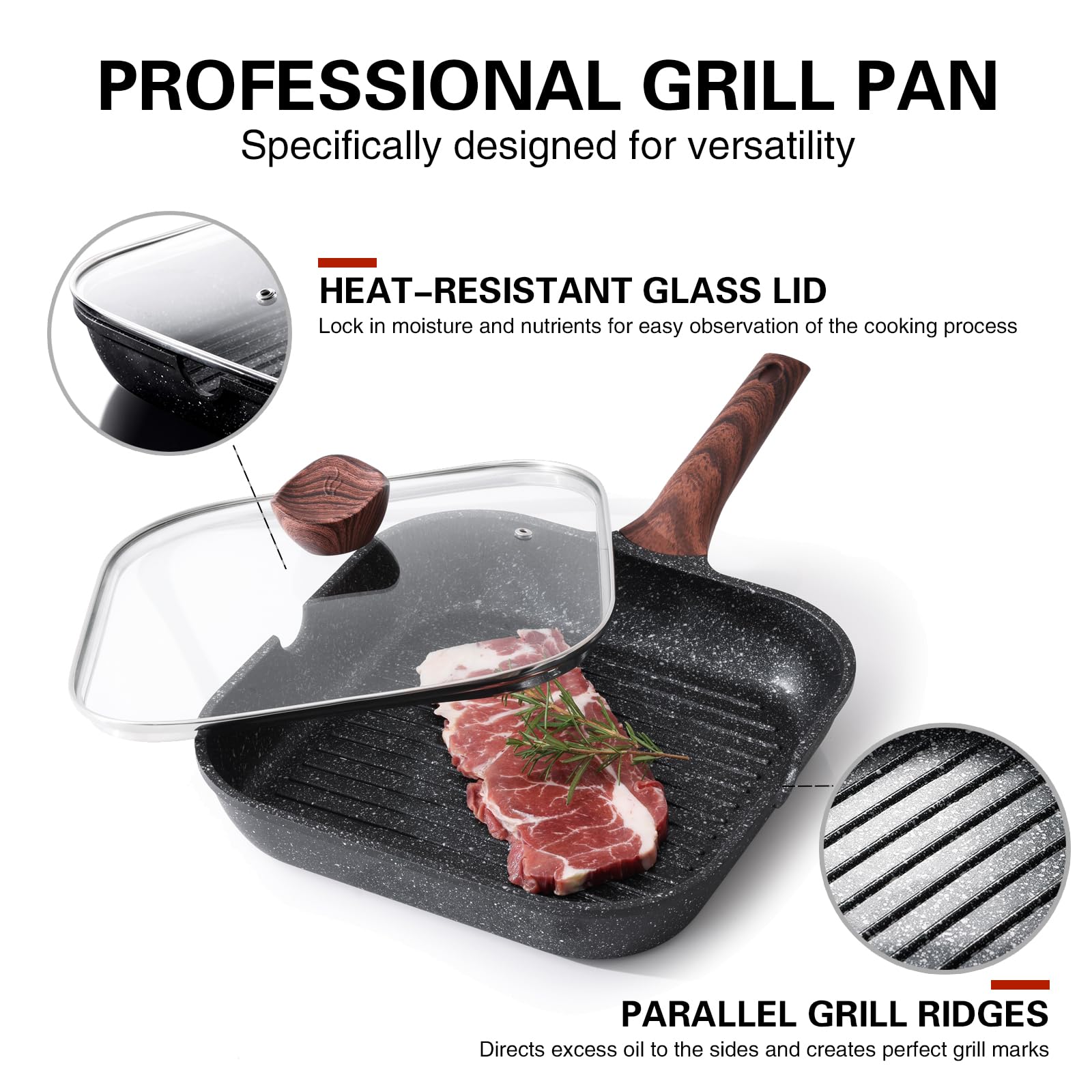 Kordisen Nonstick Grilling Pan with Lid for Stove Tops, 9.5 Inch Square Grill Pan for Indoor Cooking, Granite Coating Grill Skillet with Pour Spouts,