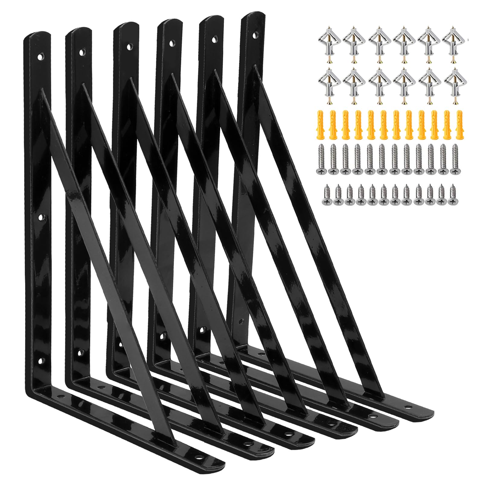 Heavy Duty Shelf Brackets 300x190mm, 6 Pack 12 Inch Wall L Brackets with 90 Degree Triangle, Mounting Screws Included, Suitable for Concrete Wall,