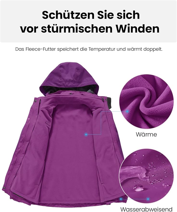 Women's Winter Ski Coat Jacket 3-in-1 Waterproof, Windproof, Warm, Purple Size S