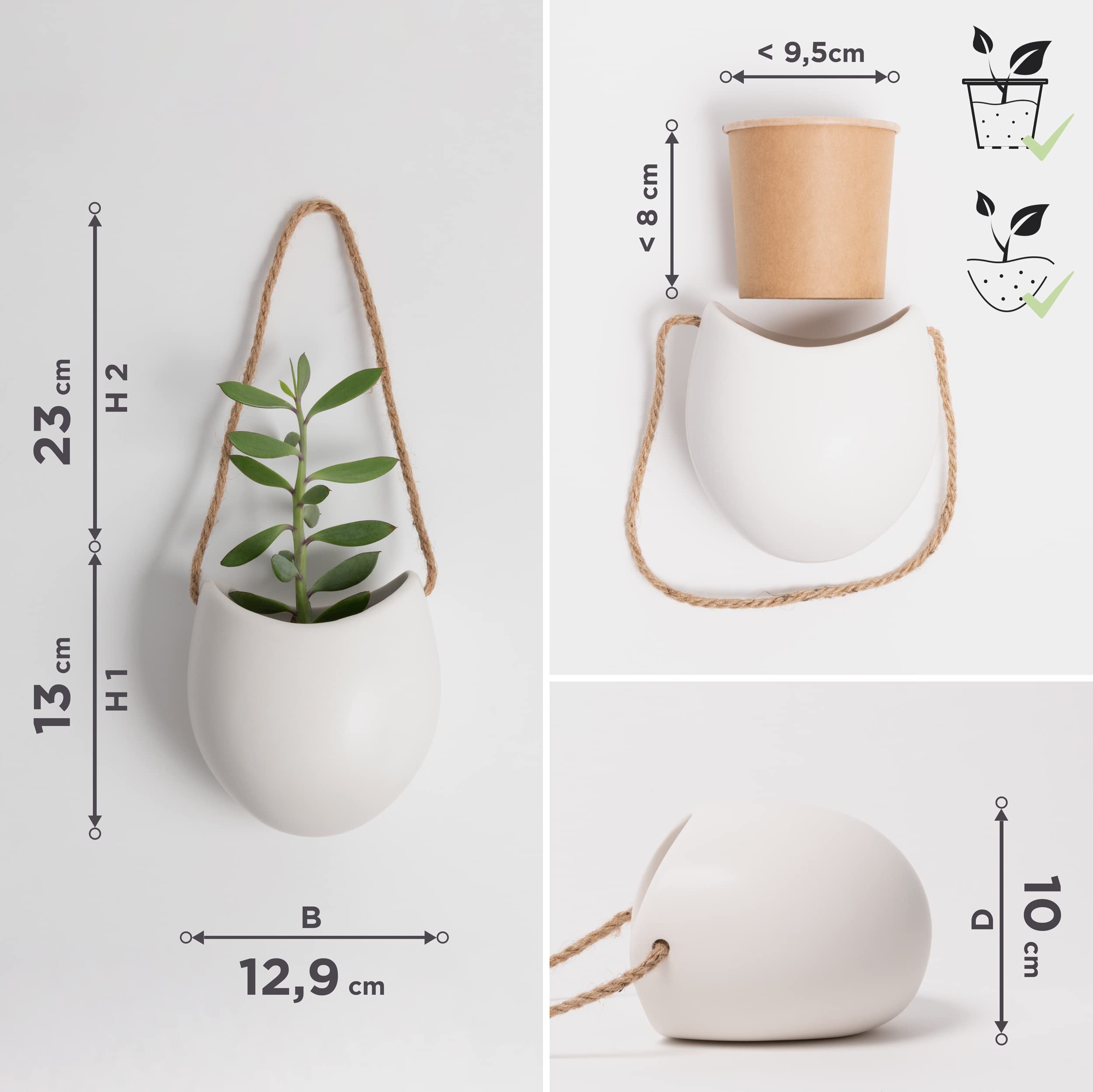 Kazai. Wall Planters -Ellie- | Hanging Ceramic Plant Pots, 3 Pieces, for Succulents and more | Wall Decoration for Indoors, Balcony and Garden | White
