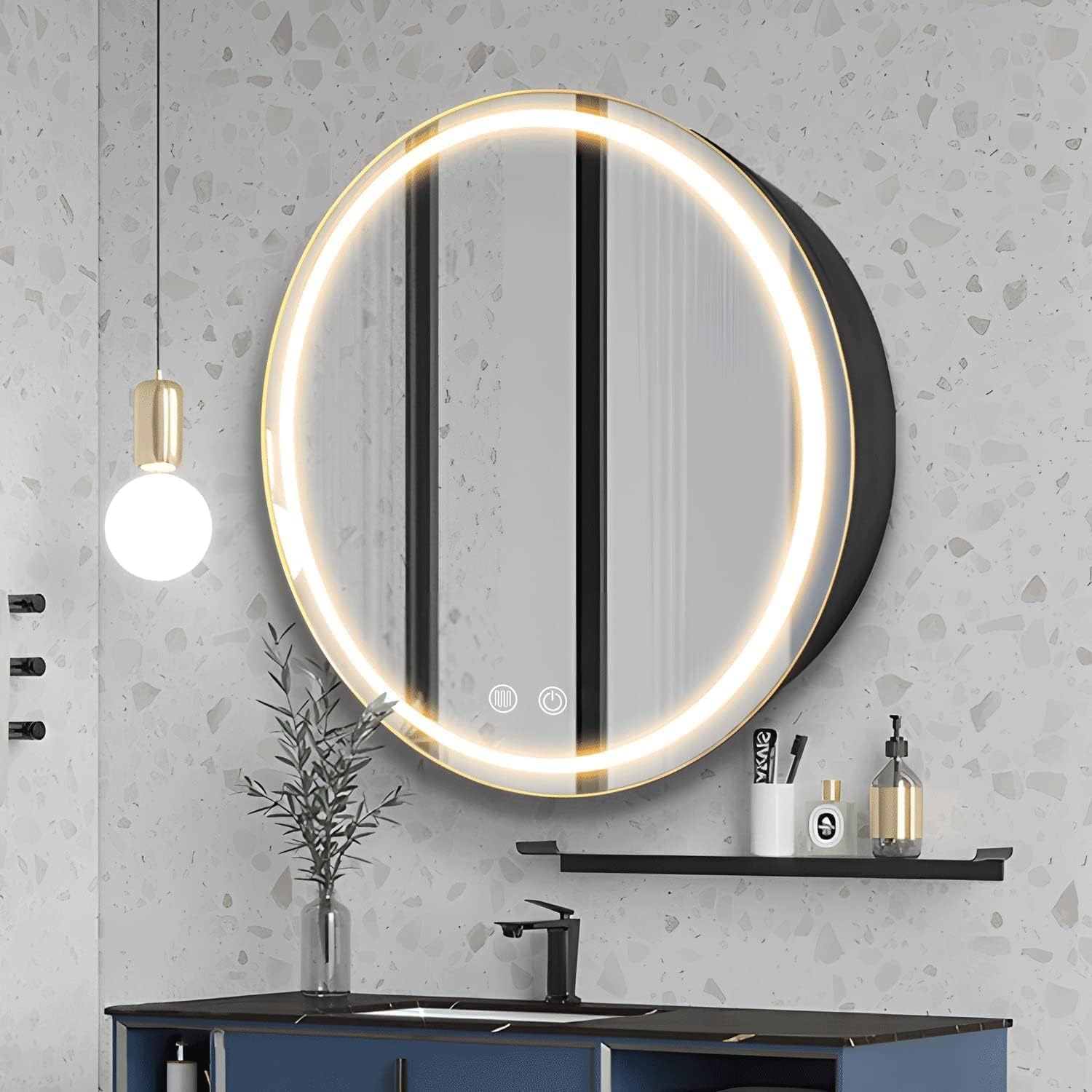 Janboe 71cm Round Mirror Cabinet with Lights,with Defogger,Dimmable,Anti-Fog,3 Colors,Black