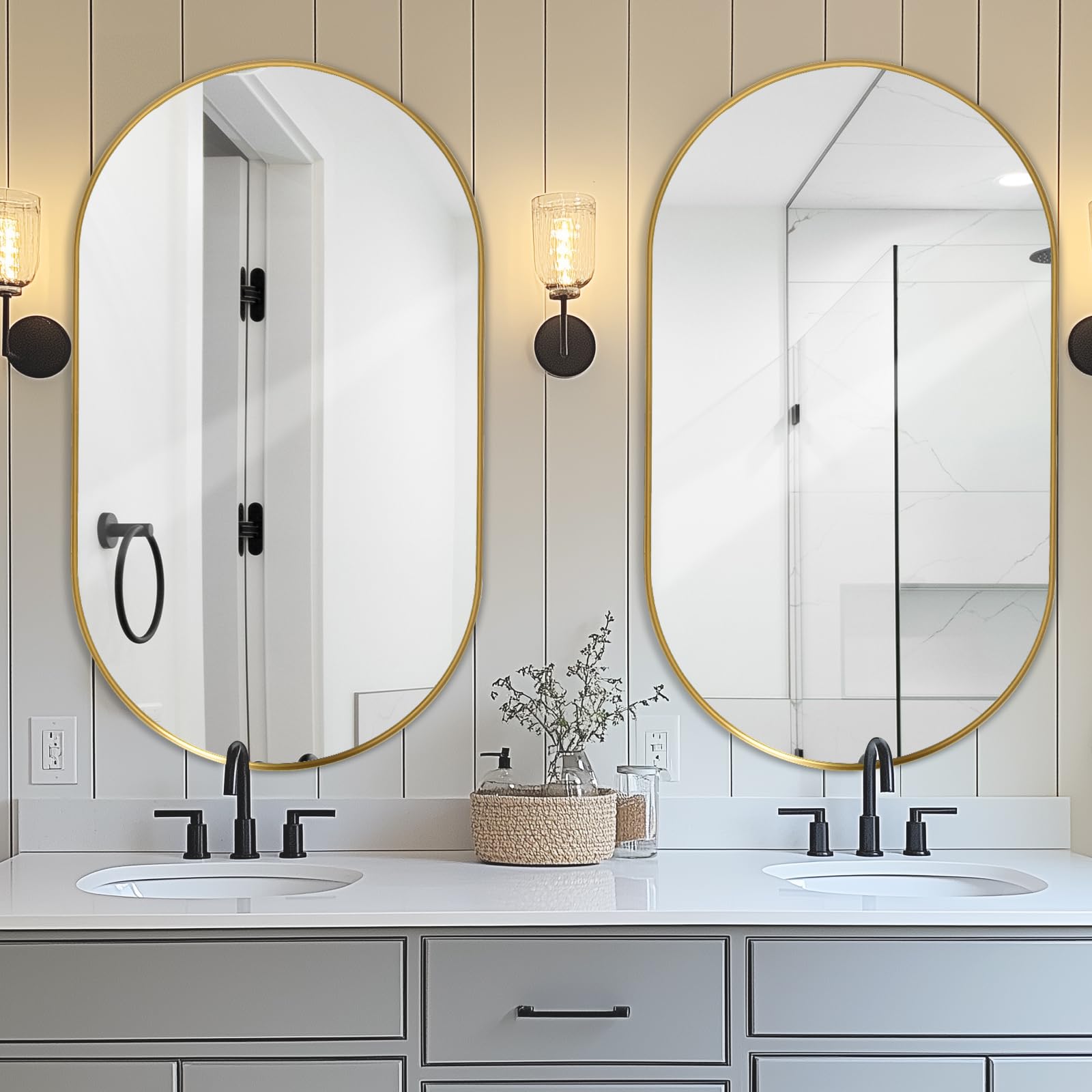 LunaMirror Wall Mirror Oval 60x90 CM Wall-Mounted Bathroom Vanity Mirror Stylish Gold Mirror Wall Decor Rectangle Wall Hanging Mirror with Curved