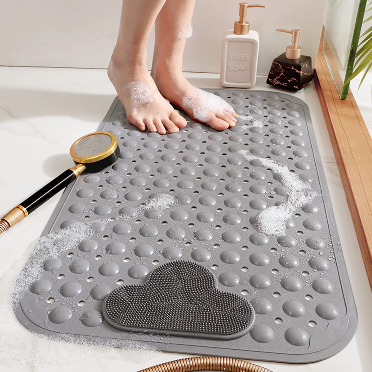 BULANGDE Non Slip Shower Mat with Suction Cups and Drainage Holes, Exfoliating Shower Mats with Massage Cushion, Bathtub Mat Anti-slip Large for the