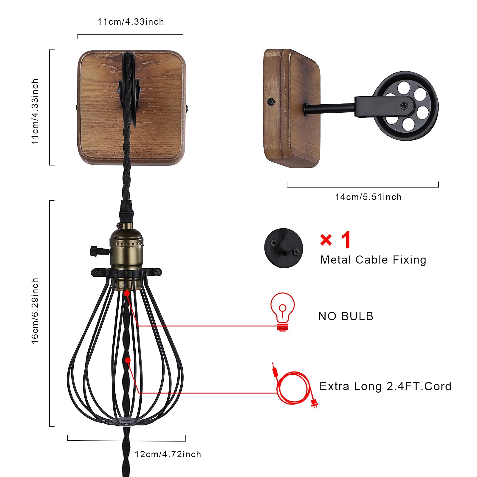 SUNLLOK Modern Industrial Rustic Plug in Cage Wall Lamp - Vintage Lift Pipe Pulley Wall Light with Switch - Retro Pendant Lamp Adjustable Wall Sconce