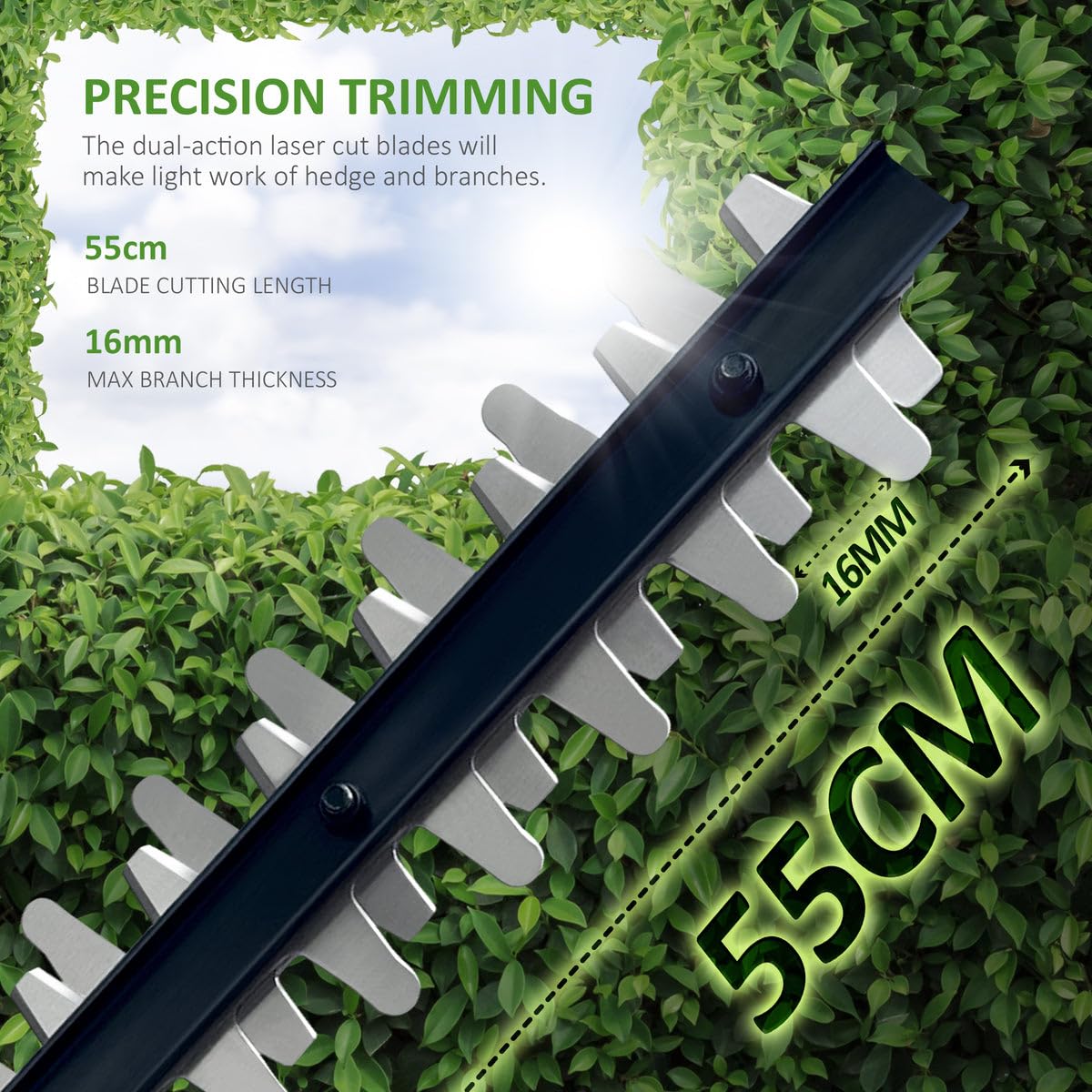 NETTA Hedge Trimmer and Cutter - 600W - 55cm Diamond Cutting Blade - 16mm Tooth Opening - 6M Power Cable - Ultra-Light 2.5Kg - Two-Way Safety Switch -