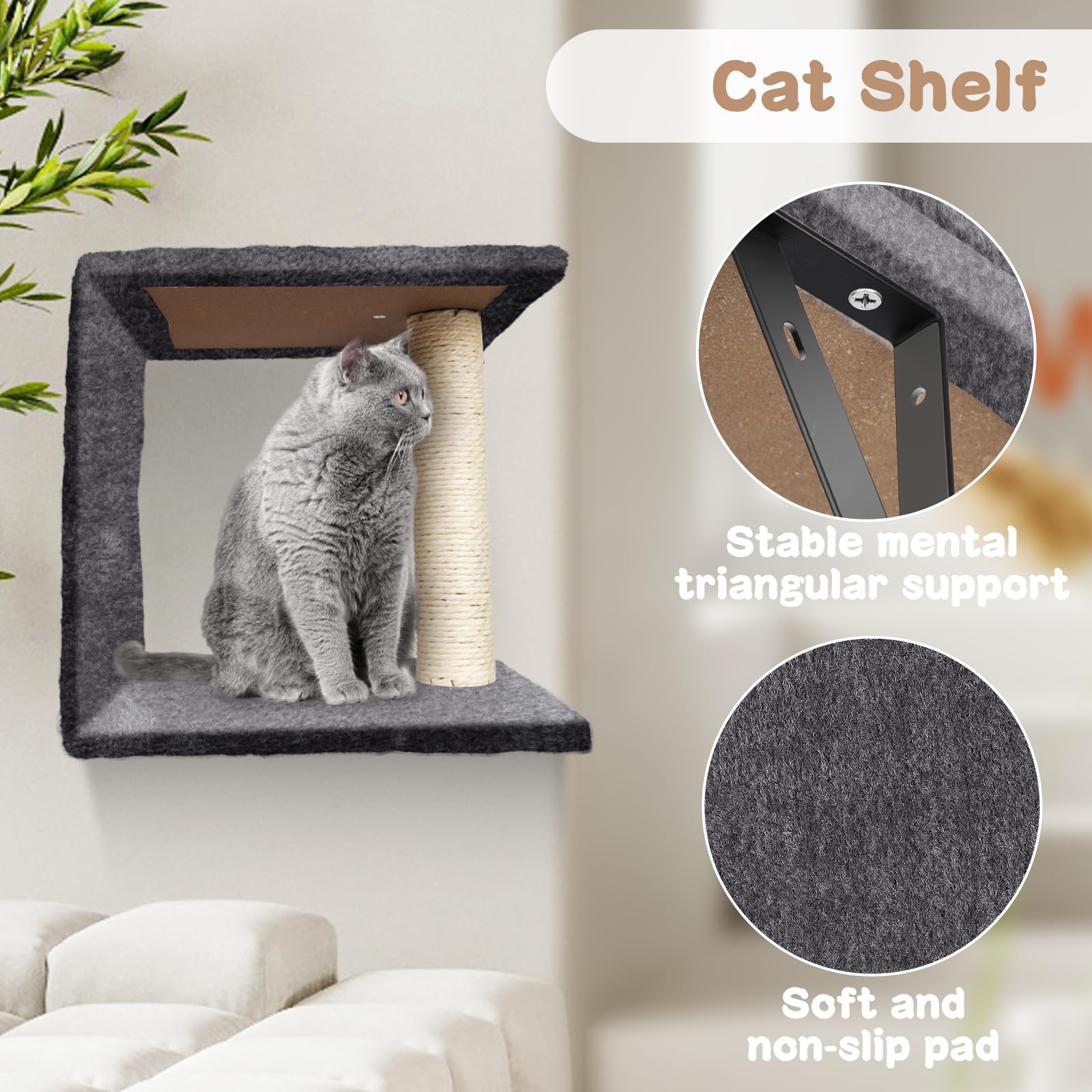 MASTERTOP Cat Climbing Frame Set, 4 in 1 Stable Cat Wall Furniture Set, Cat Tree for Indoor, Cats Wall Shelves with Cats Scratching Posts, Steps, Play